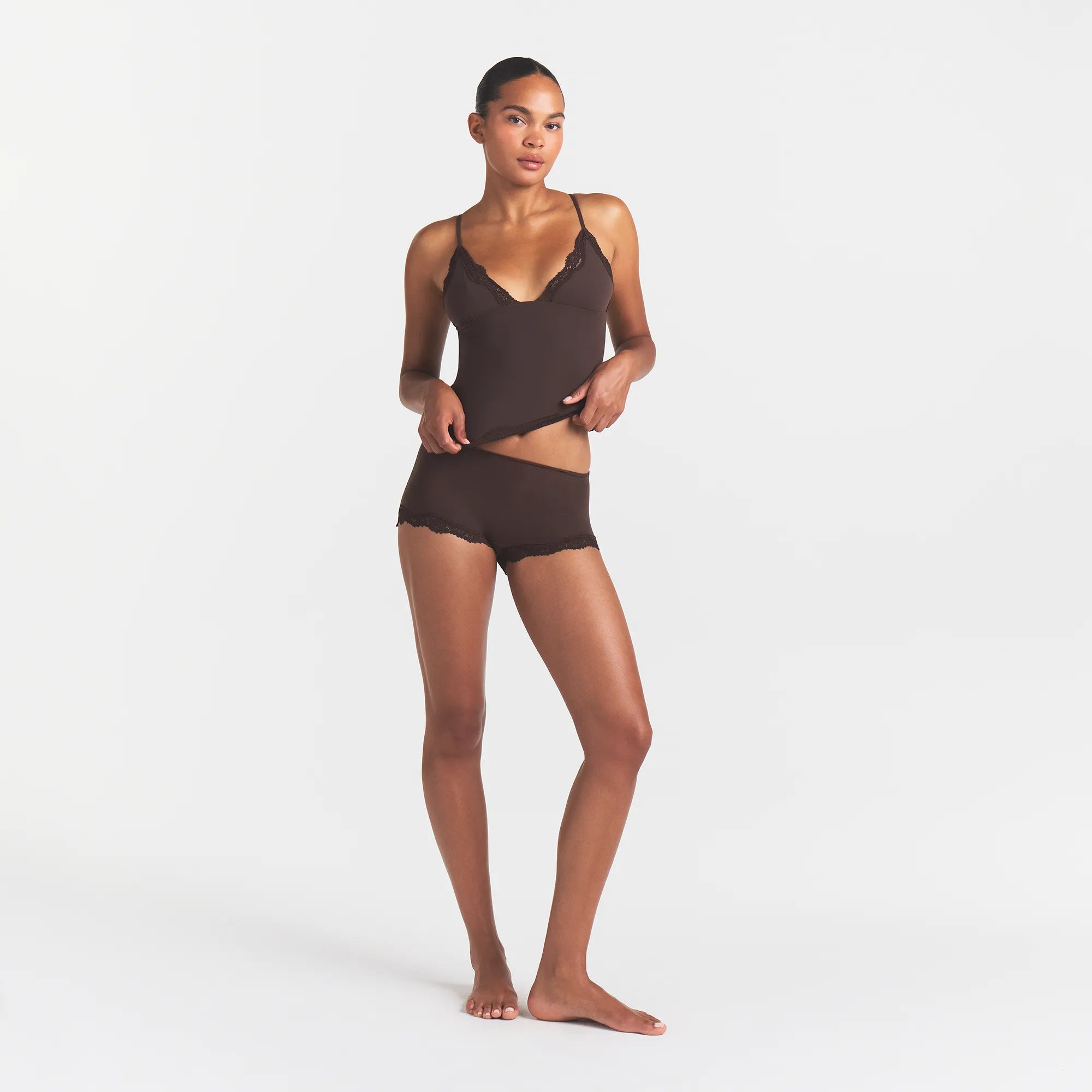 FITS EVERYBODY LACE TRIANGLE CAMI AND BOY SHORT SET | ESPRESSO - Image 2