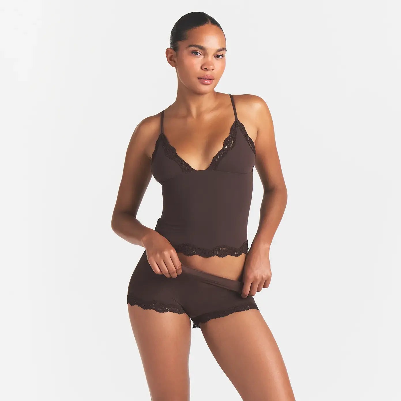 FITS EVERYBODY LACE TRIANGLE CAMI AND BOY SHORT SET | ESPRESSO - Image 3
