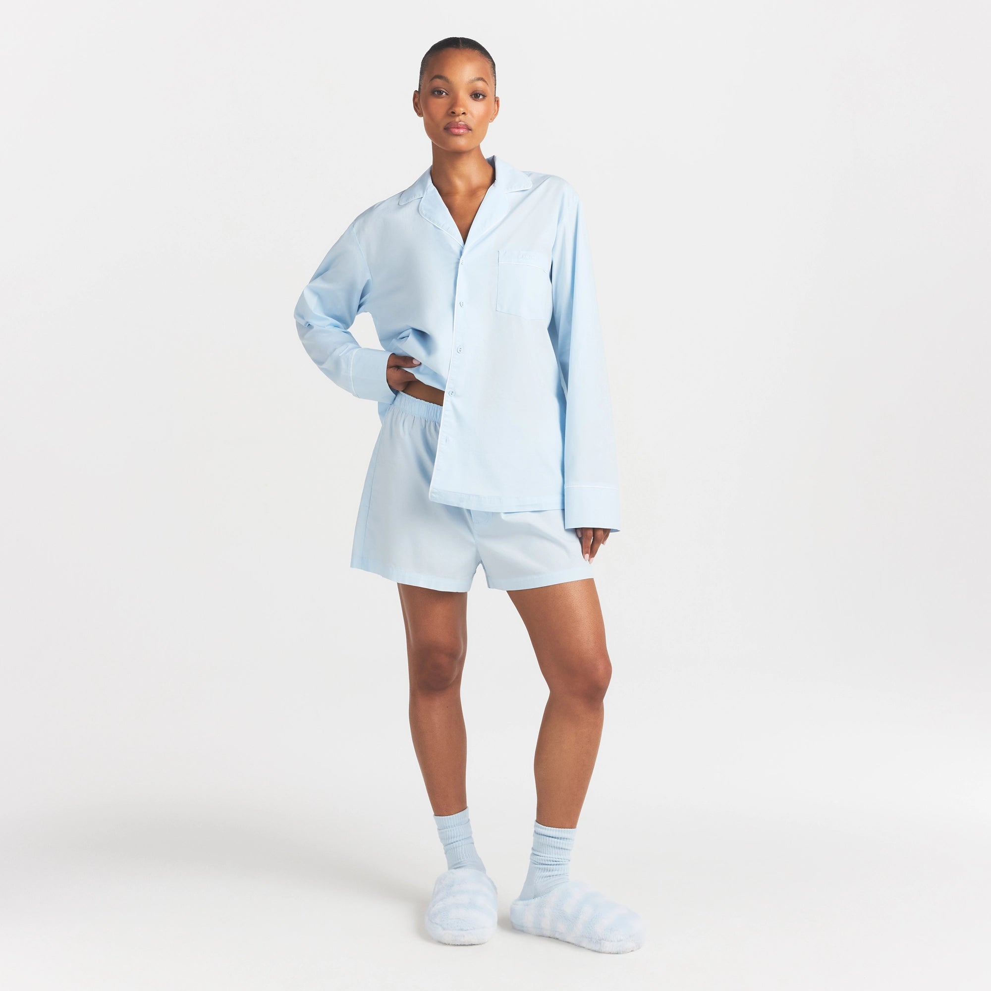 COTTON POPLIN SLEEP LONG SLEEVE AND BOXER SET | BABY BLUE CONTRAST - Image 2