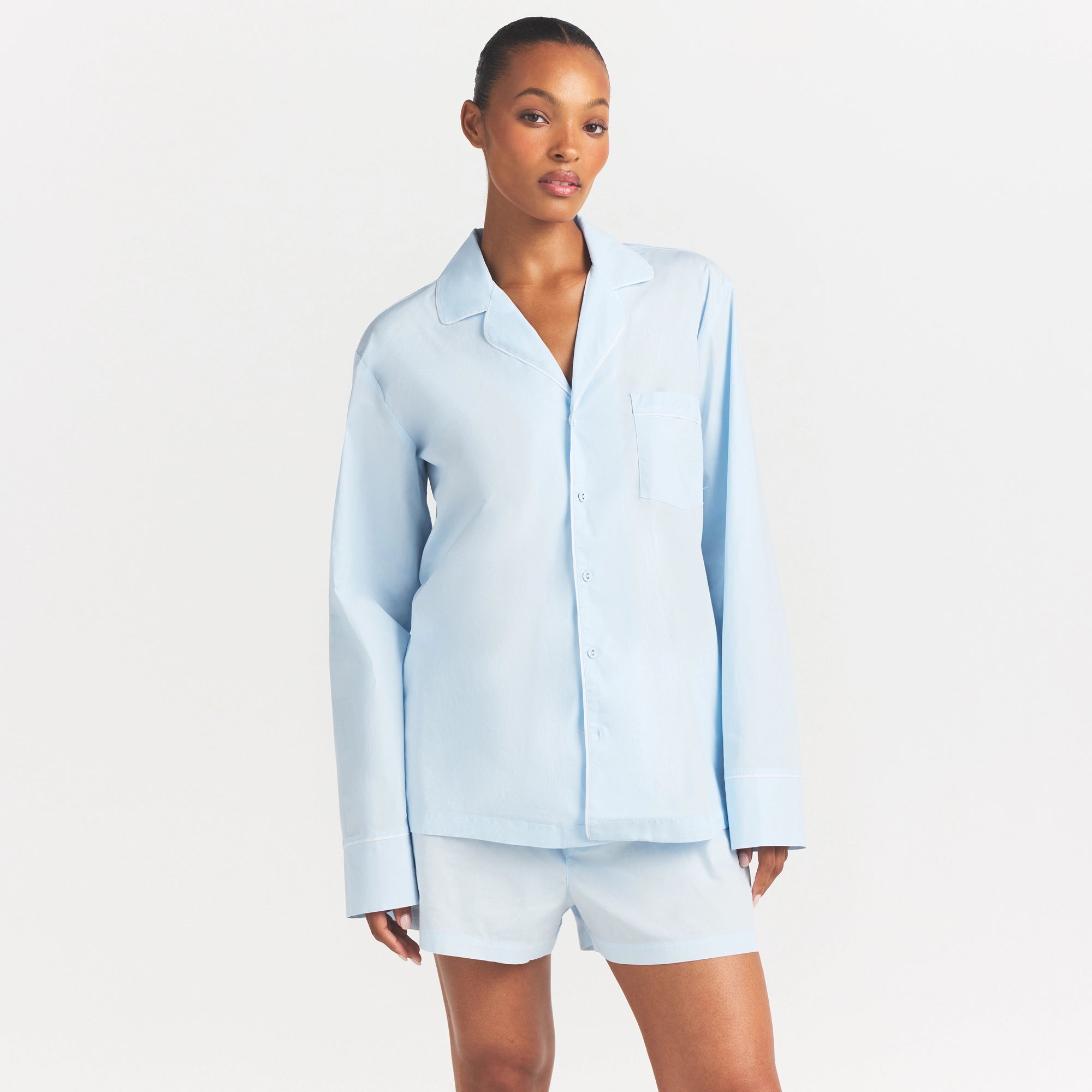 COTTON POPLIN SLEEP LONG SLEEVE AND BOXER SET | BABY BLUE CONTRAST - Image 3