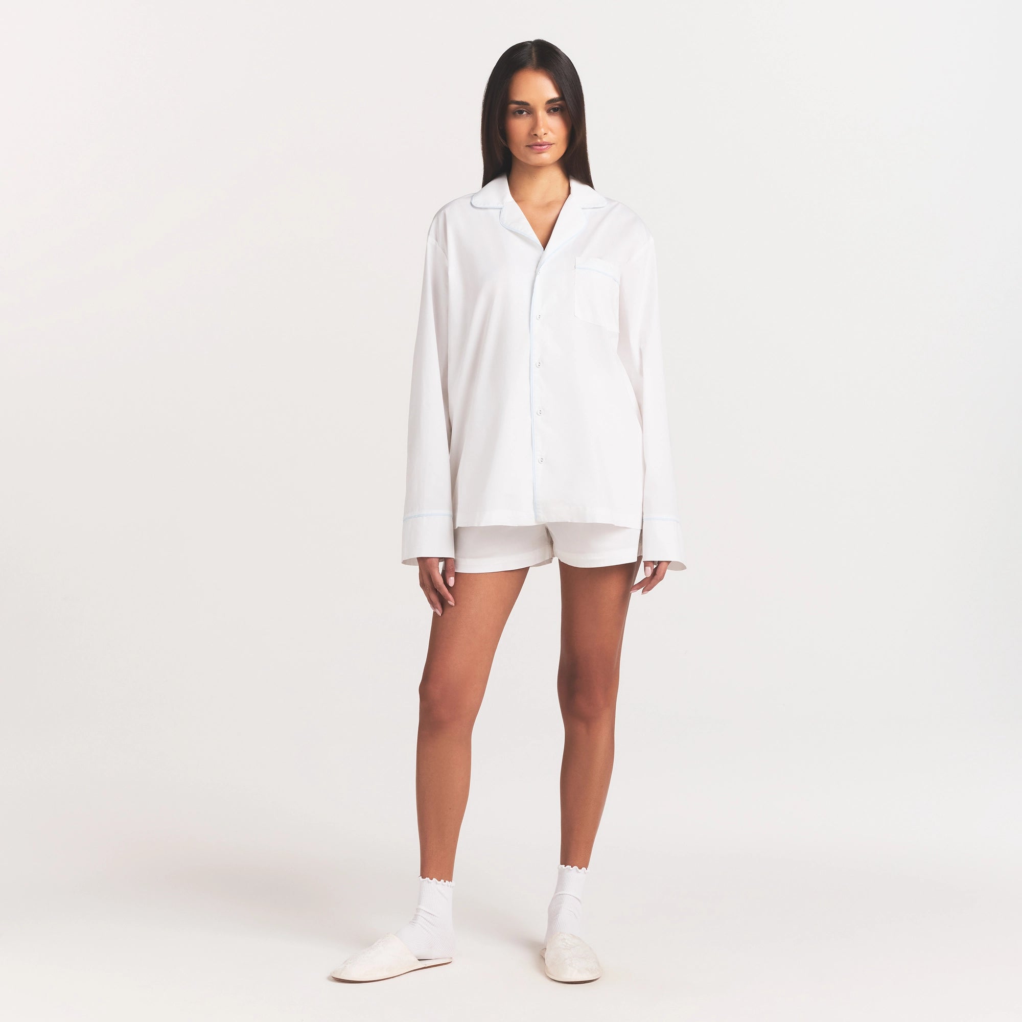 COTTON POPLIN SLEEP LONG SLEEVE AND BOXER SET | SNOW CONTRAST - Image 2