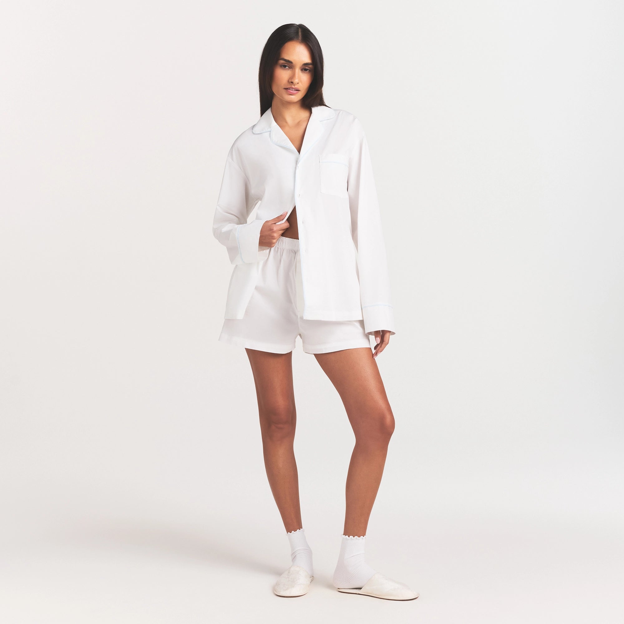 COTTON POPLIN SLEEP LONG SLEEVE AND BOXER SET | SNOW CONTRAST - Image 4