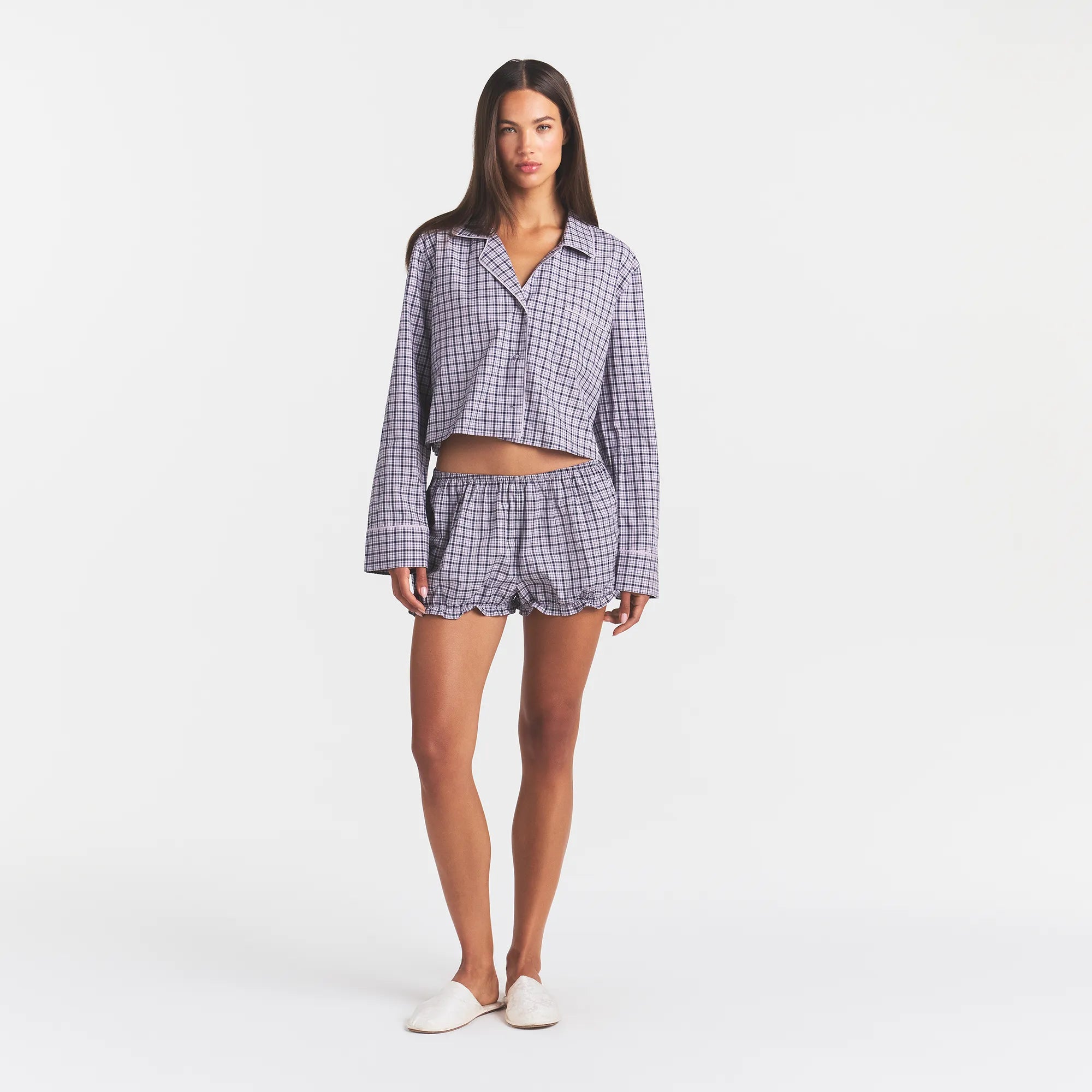 COTTON POPLIN SLEEP CROPPED BUTTON UP AND BLOOMER SET | IRIS MICA NAVY CHECK - Image 2