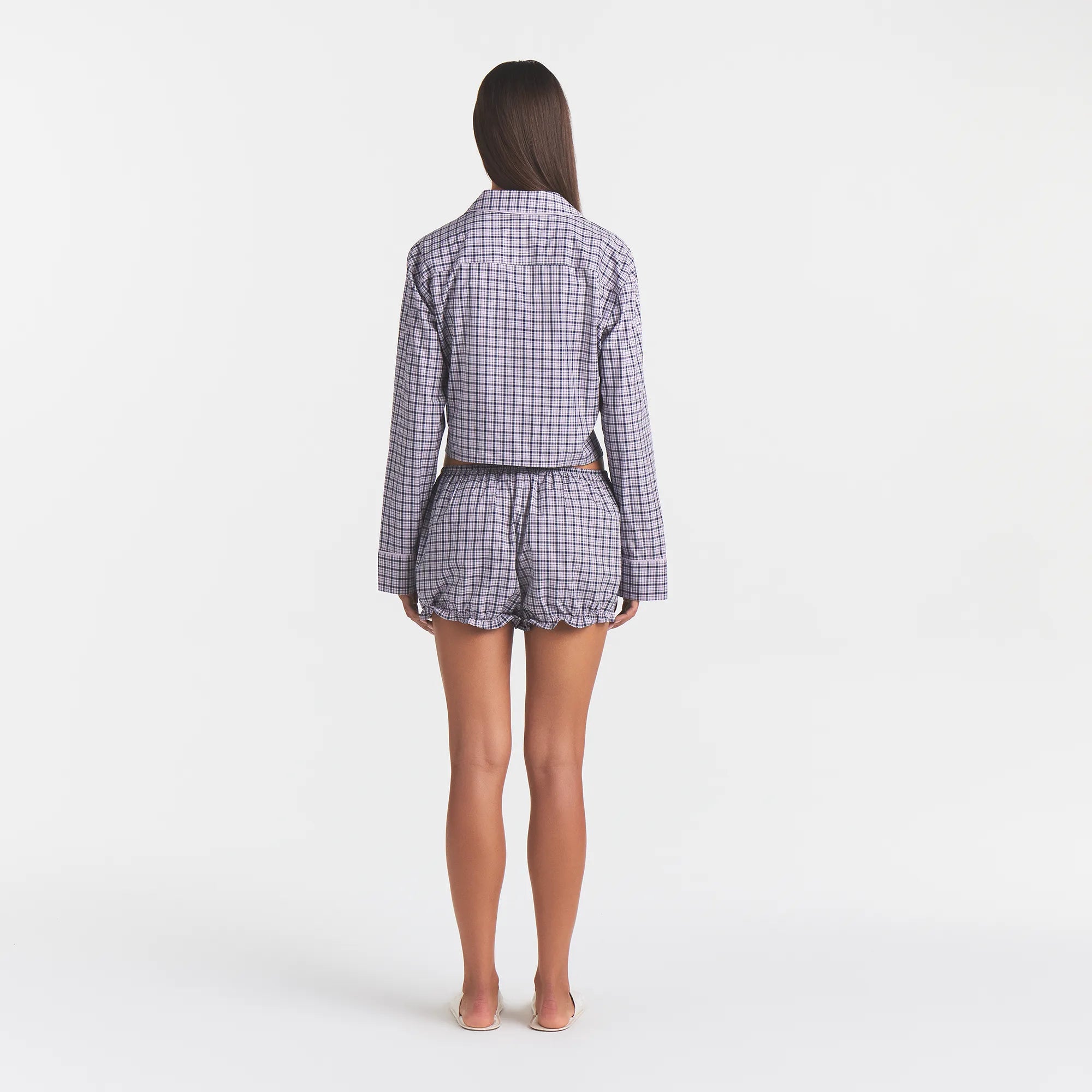 COTTON POPLIN SLEEP CROPPED BUTTON UP AND BLOOMER SET | IRIS MICA NAVY CHECK - Image 5