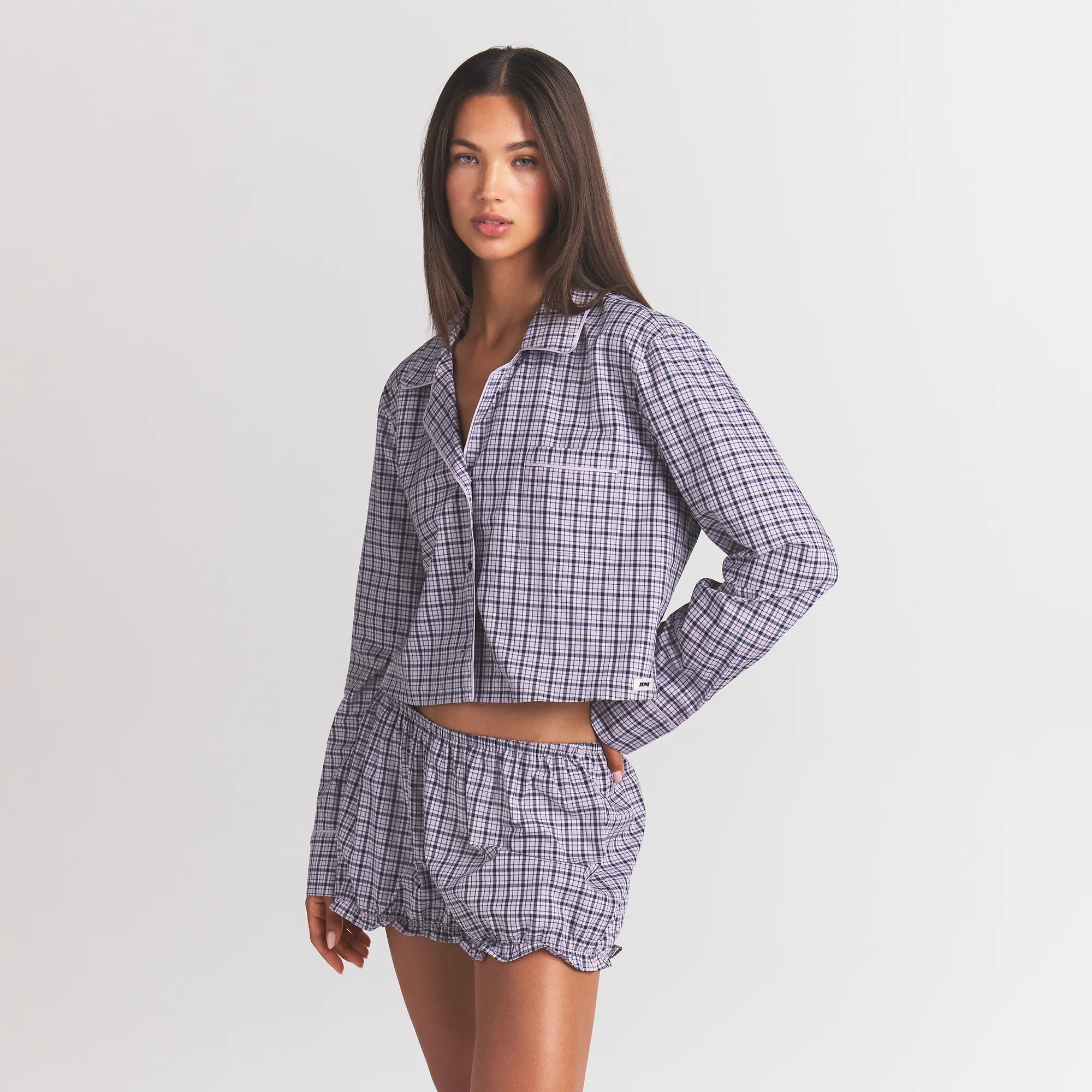 COTTON POPLIN SLEEP CROPPED BUTTON UP AND BLOOMER SET | IRIS MICA NAVY CHECK - Image 3