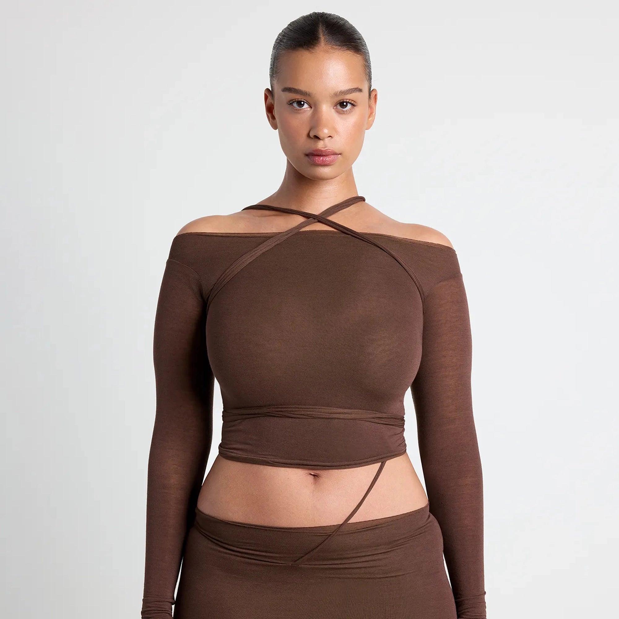 VETTESE X SKIMS SHEER MODAL OFF THE SHOULDER TOP | COCOA - Image 2