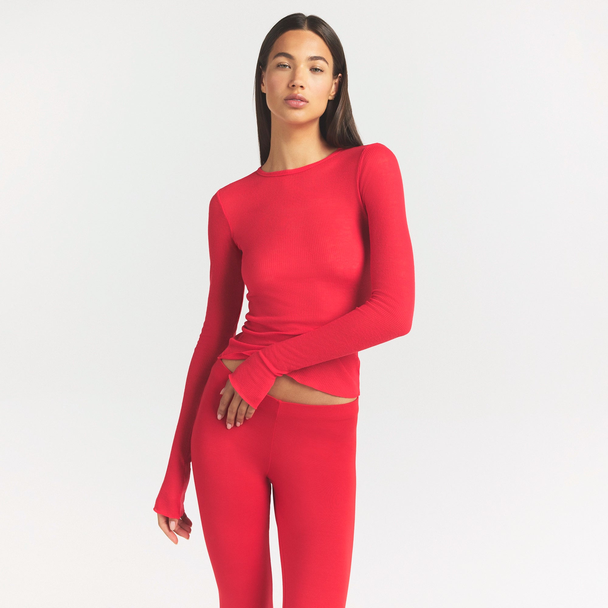 SHEER RIB LONG SLEEVE TOP | CARMINE - Image 3