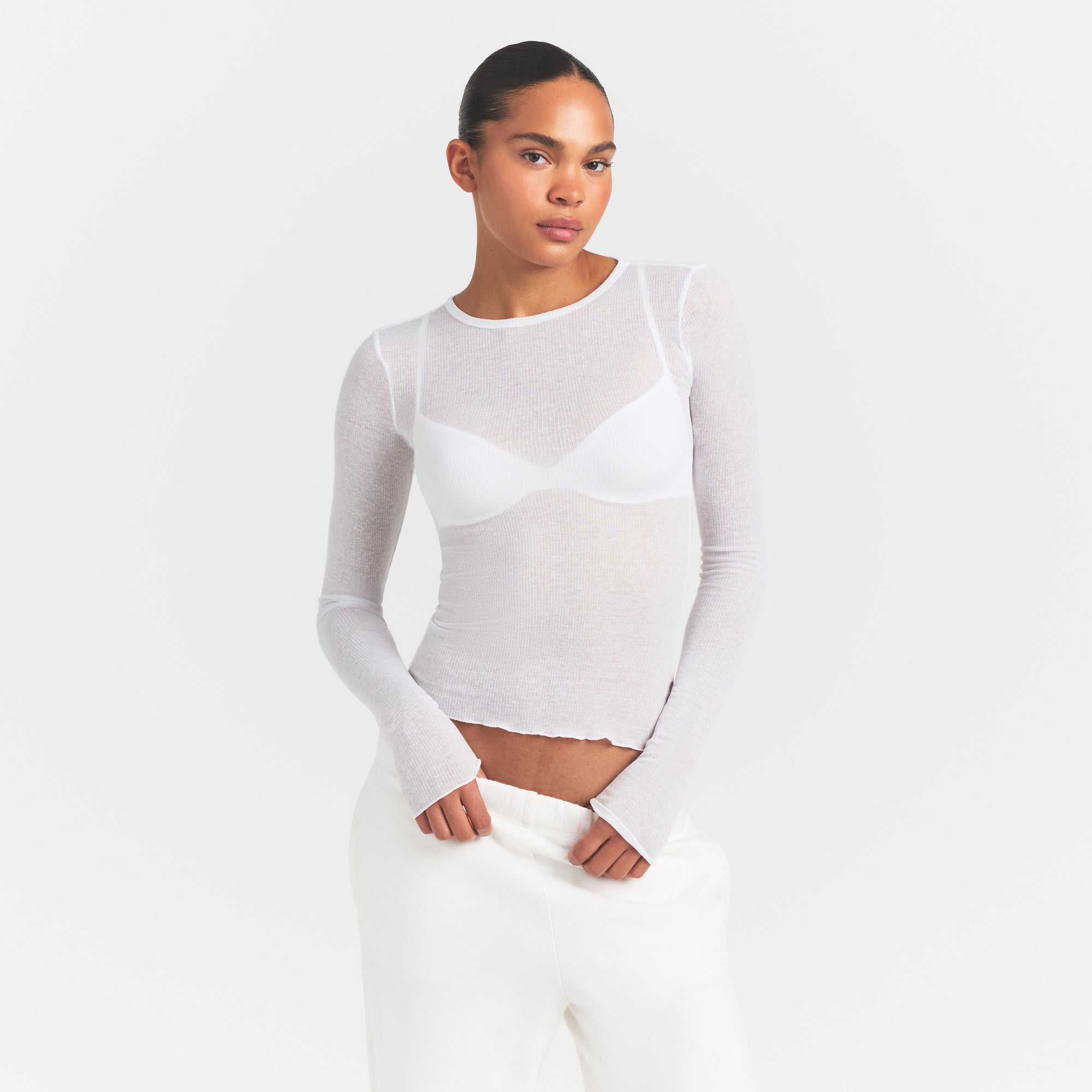SHEER RIB LONG SLEEVE TOP | SNOW - Image 3