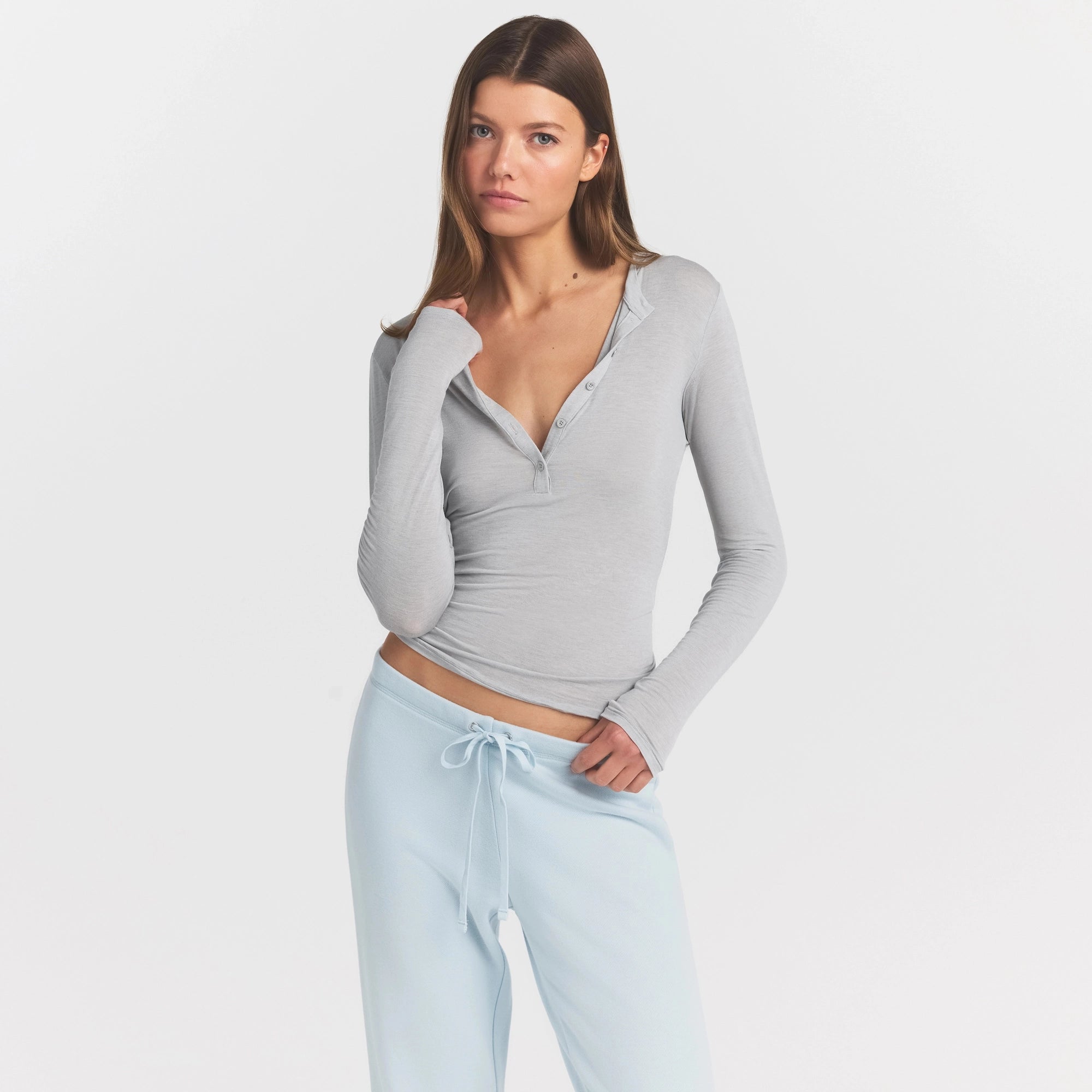 SHEER MODAL CREWNECK HENLEY | HEATHER GREY - Image 3