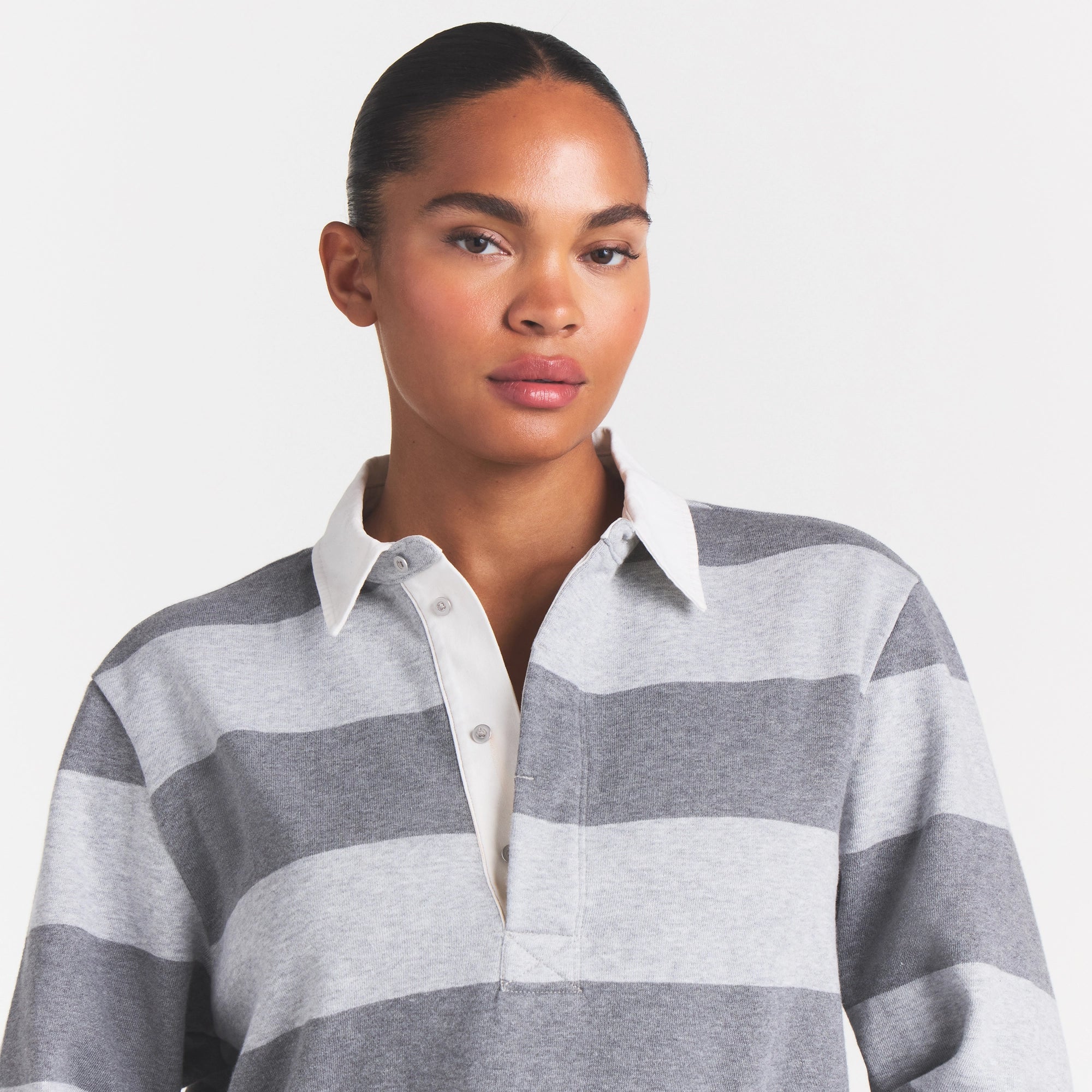 BOYFRIEND FLEECE OVERSIZED POLO | GREY HEATHER MULTI - Image 3