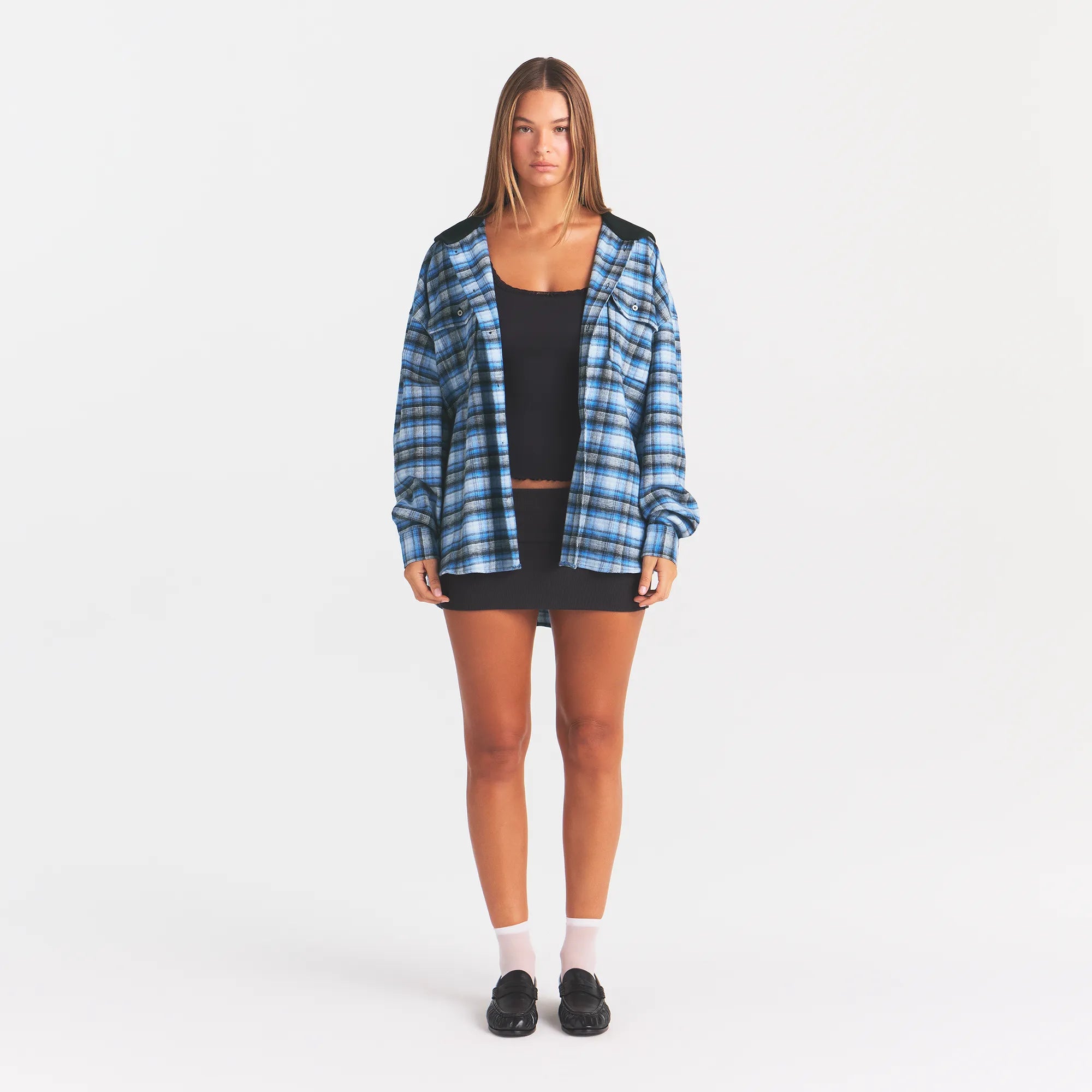 OUTDOOR FLANNEL OVERSIZED HOODED SHIRT | AZURE PLAID - Image 2