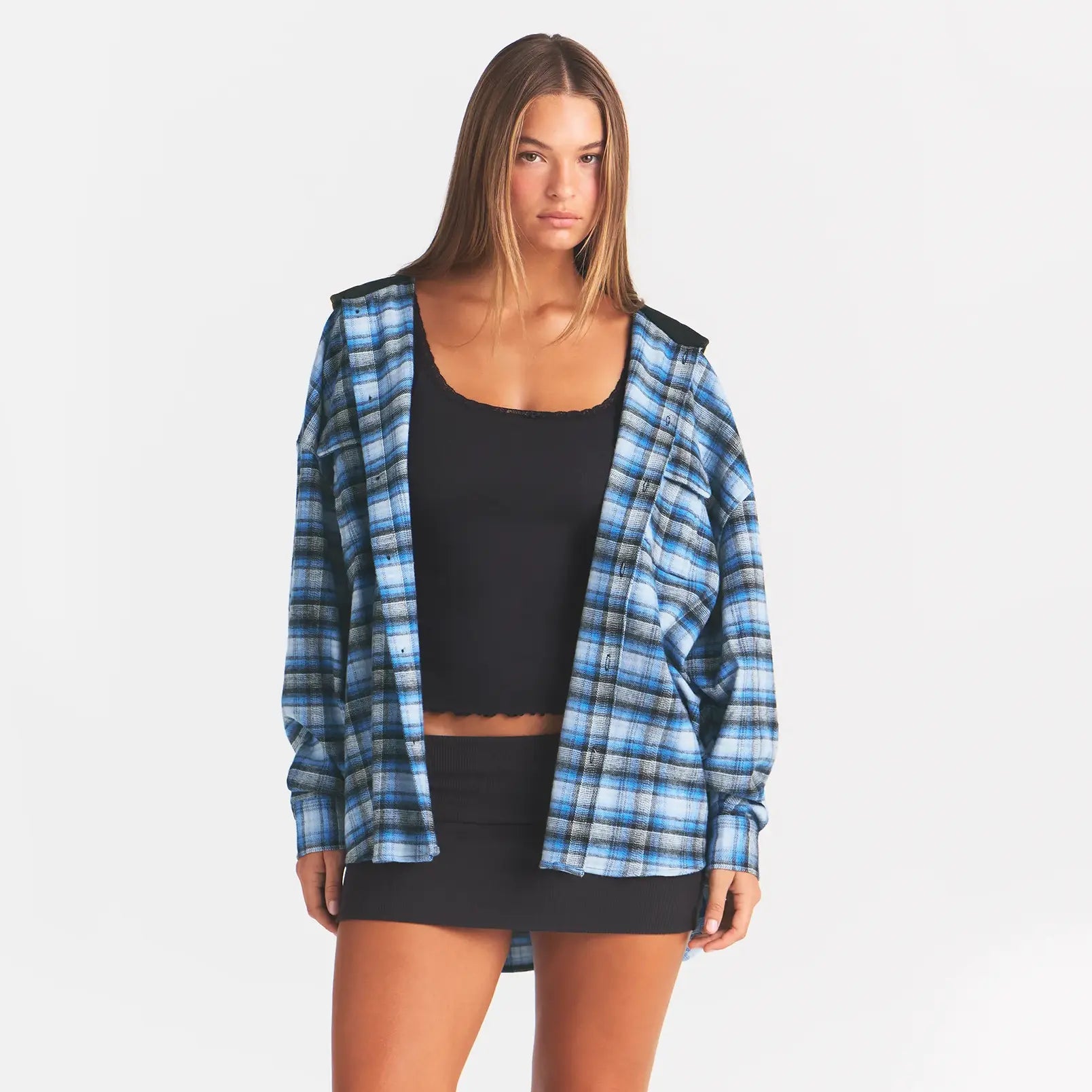 OUTDOOR FLANNEL OVERSIZED HOODED SHIRT | AZURE PLAID - Image 4