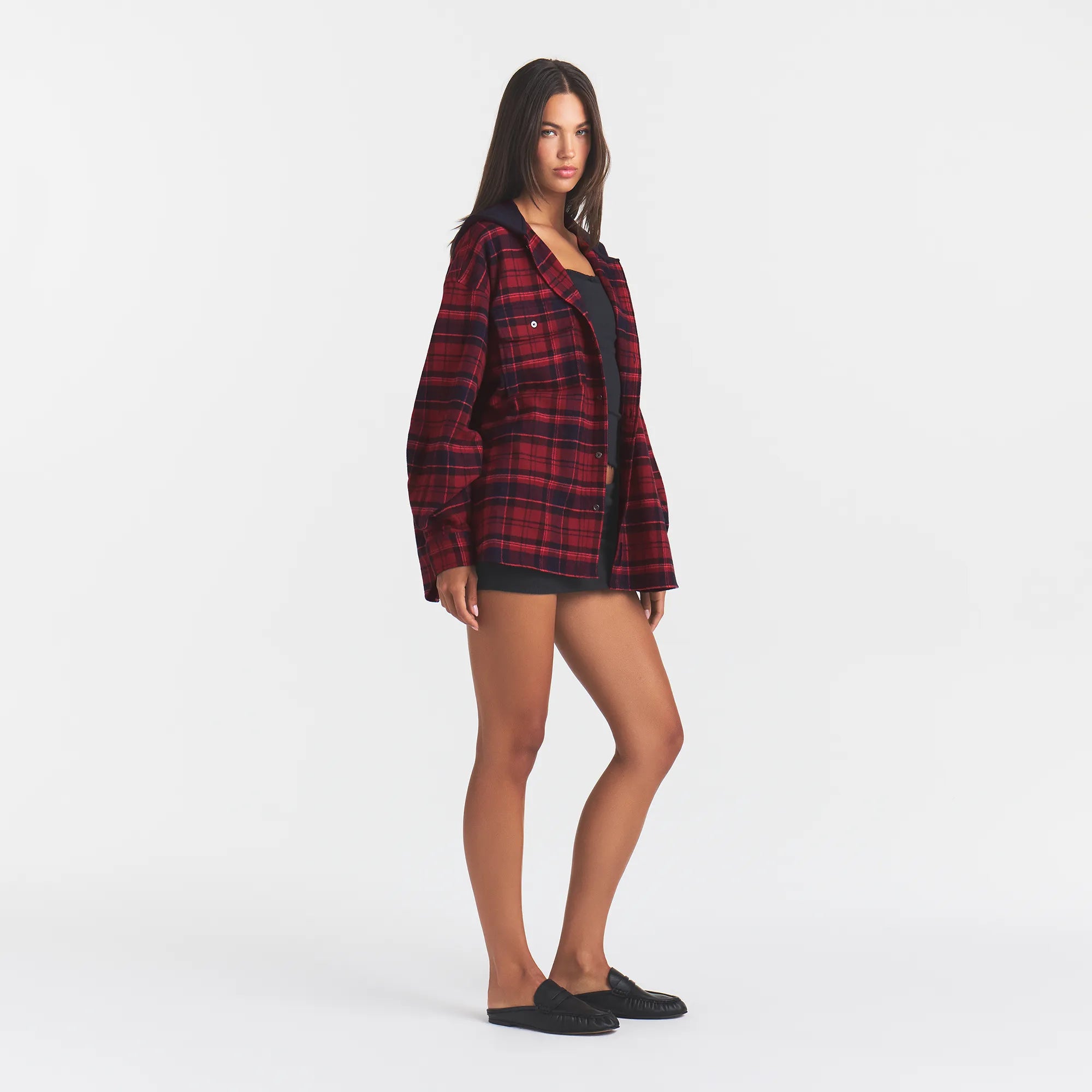 OUTDOOR FLANNEL OVERSIZED HOODED SHIRT | MERLOT CABIN PLAID - Image 4
