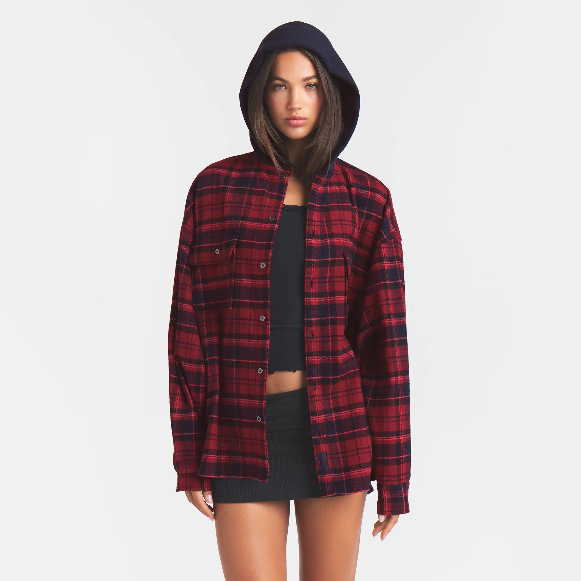 OUTDOOR FLANNEL OVERSIZED HOODED SHIRT | MERLOT CABIN PLAID - Image 3