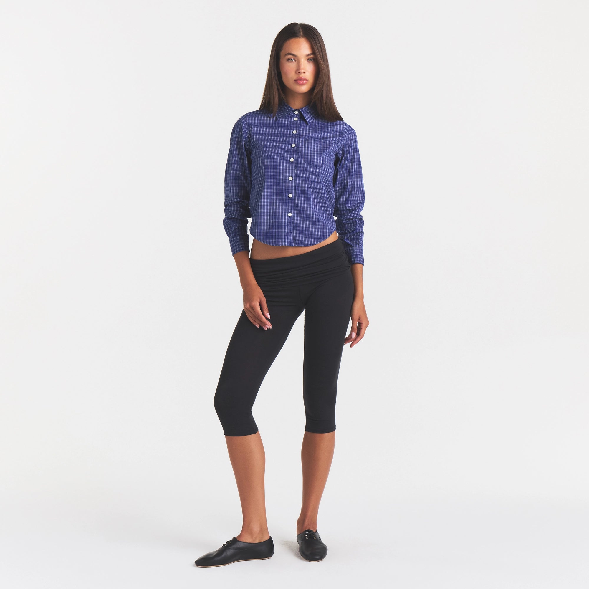 COTTON POPLIN SHRUNKEN BUTTON UP SHIRT | NAVY CHECK - Image 2