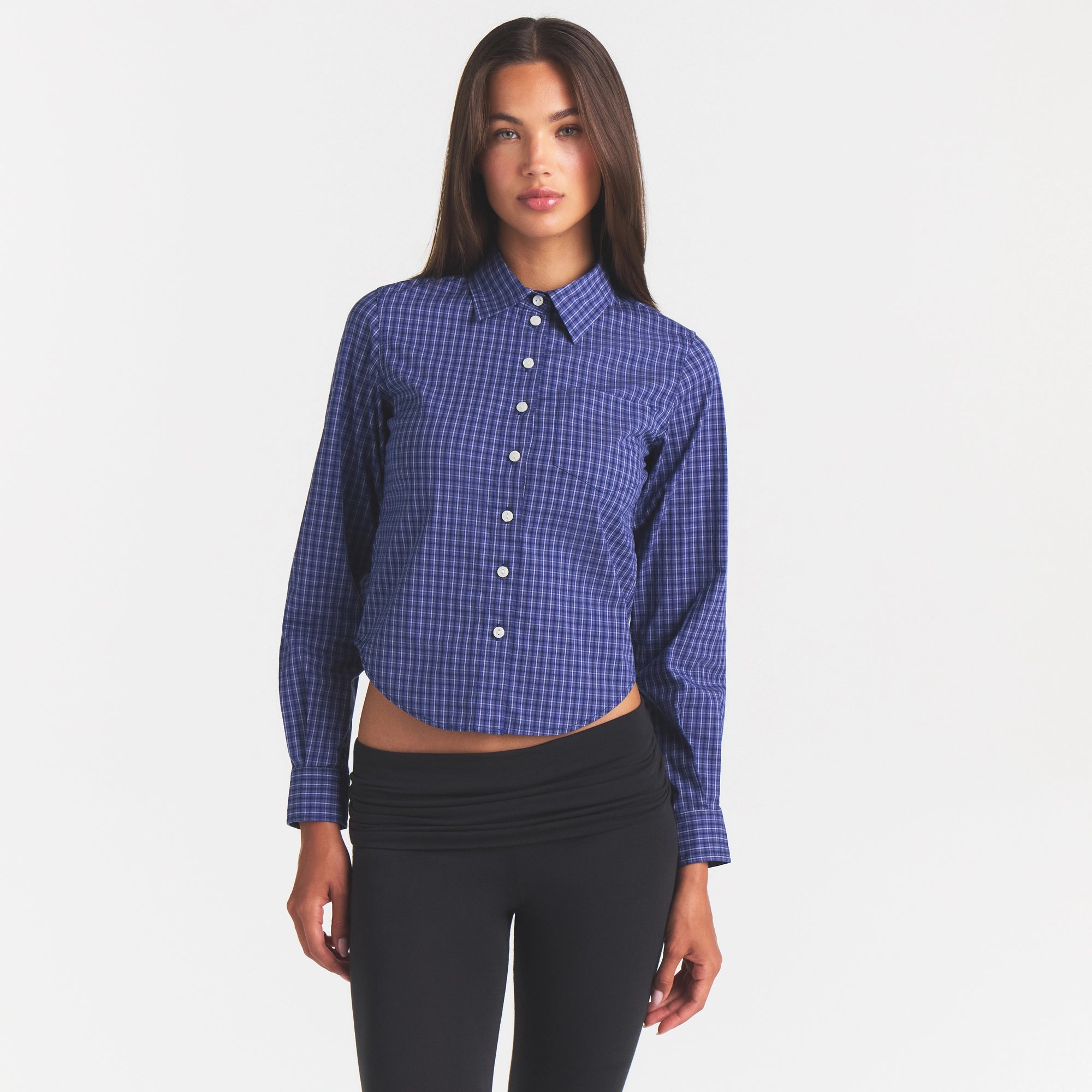 COTTON POPLIN SHRUNKEN BUTTON UP SHIRT | NAVY CHECK - Image 5