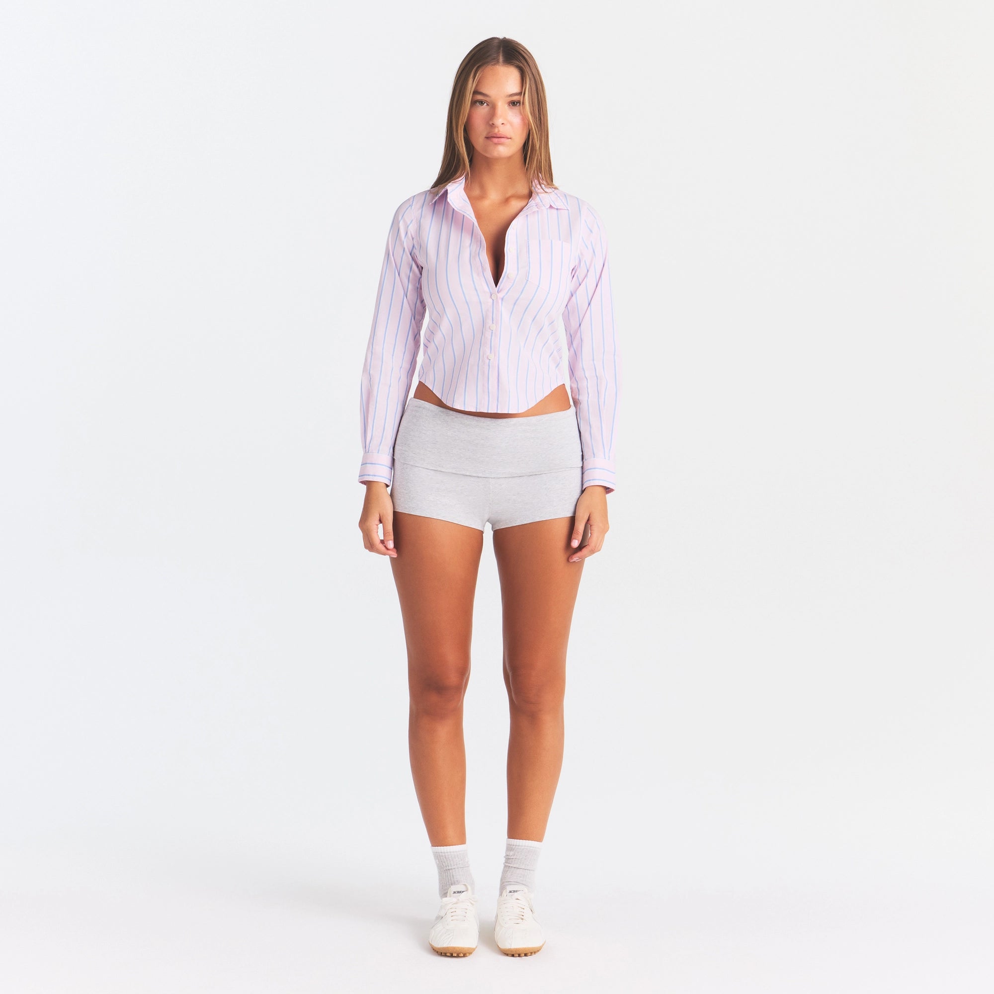 COTTON POPLIN SHRUNKEN BUTTON UP SHIRT | PINK TULLE WIDE STRIPE - Image 2
