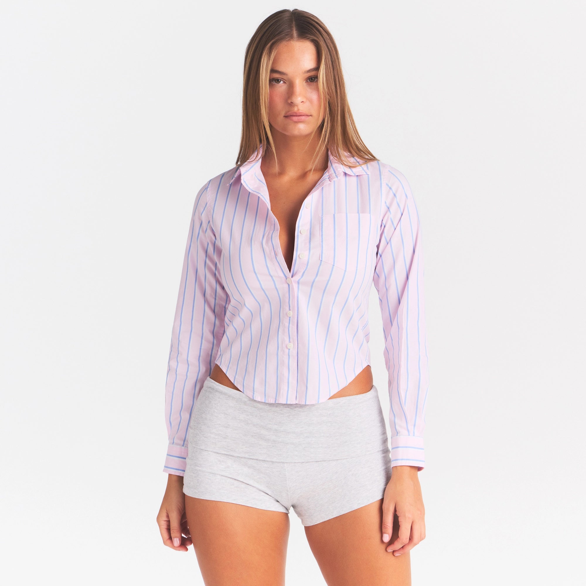 COTTON POPLIN SHRUNKEN BUTTON UP SHIRT | PINK TULLE WIDE STRIPE - Image 3