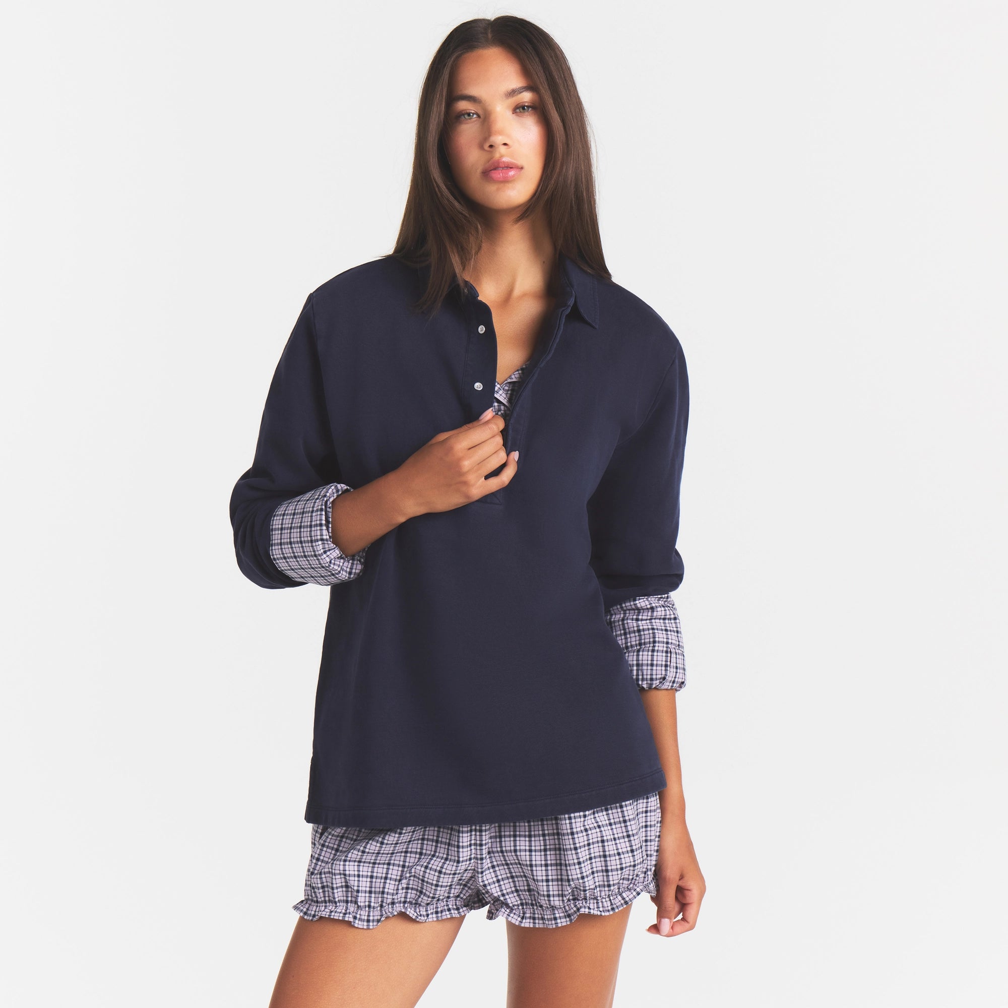 BOYFRIEND FLEECE OVERSIZED POLO | BLUE BLACK - Image 3