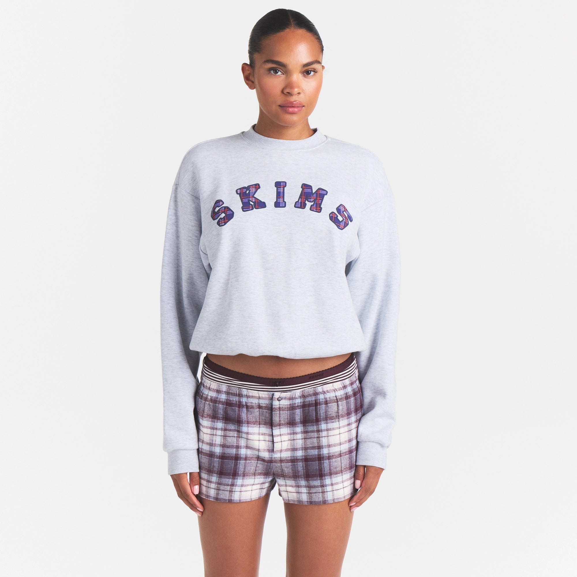 COTTON FLEECE CLASSIC CREWNECK | LIGHT HEATHER GREY ARCHED SKIMS PLAID - Image 3