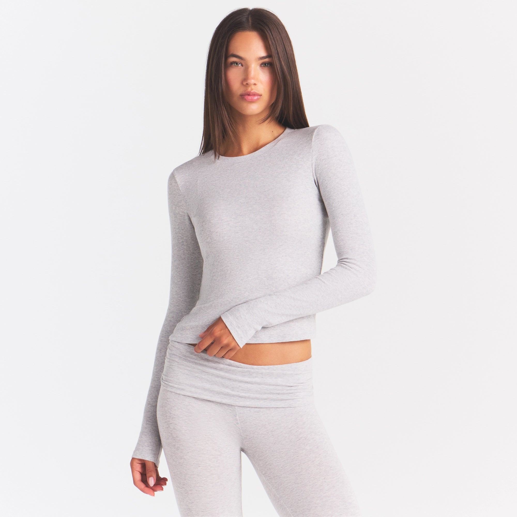 COTTON RIB LONG SLEEVE T-SHIRT | LIGHT HEATHER GREY - Image 4