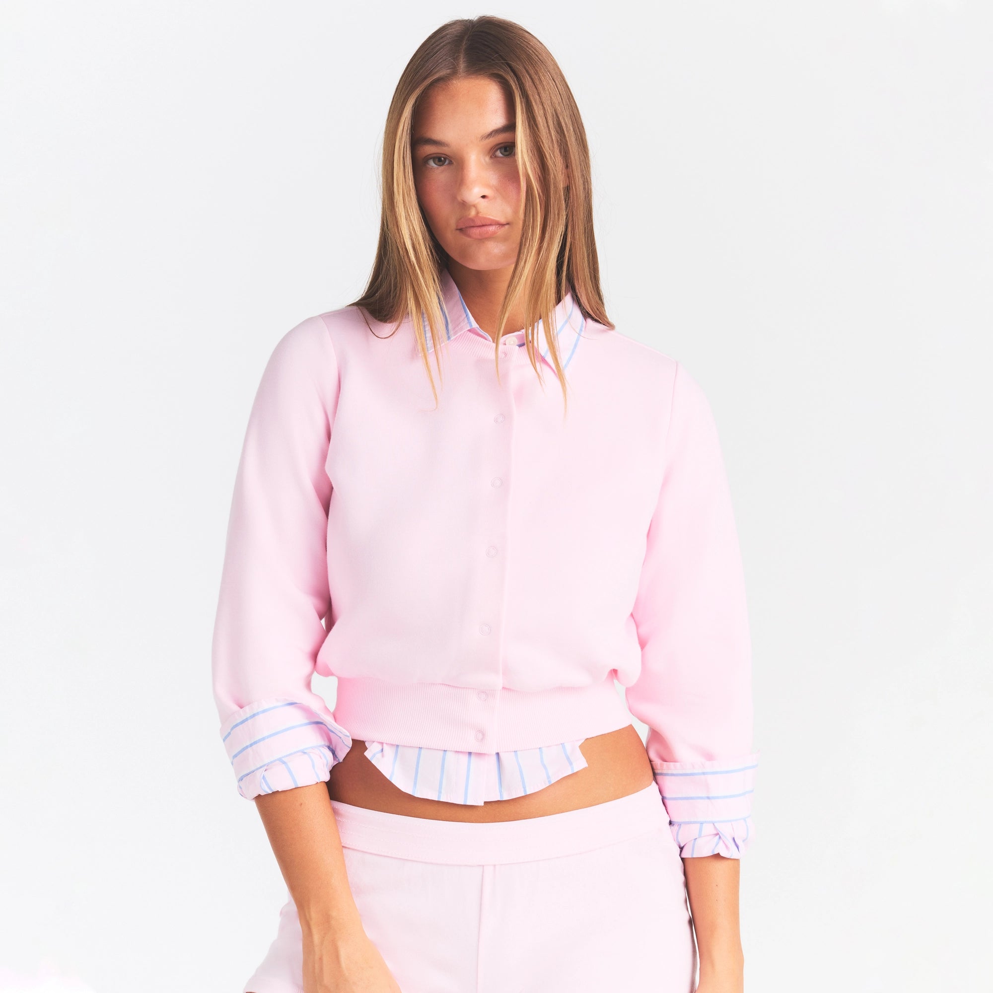 COTTON FLEECE SHRUNKEN CARDIGAN | CHERRY BLOSSOM - Image 3