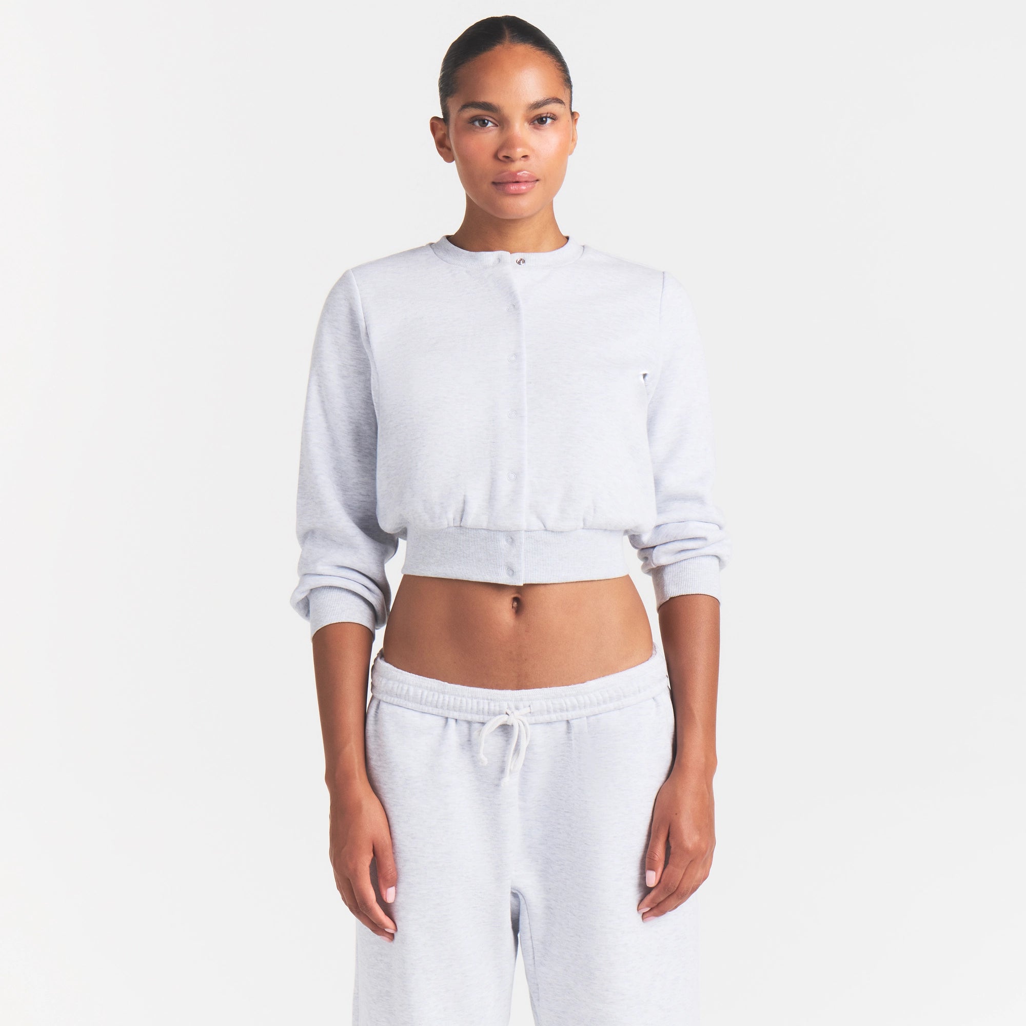 COTTON FLEECE SHRUNKEN CARDIGAN | LIGHT HEATHER GREY - Image 3
