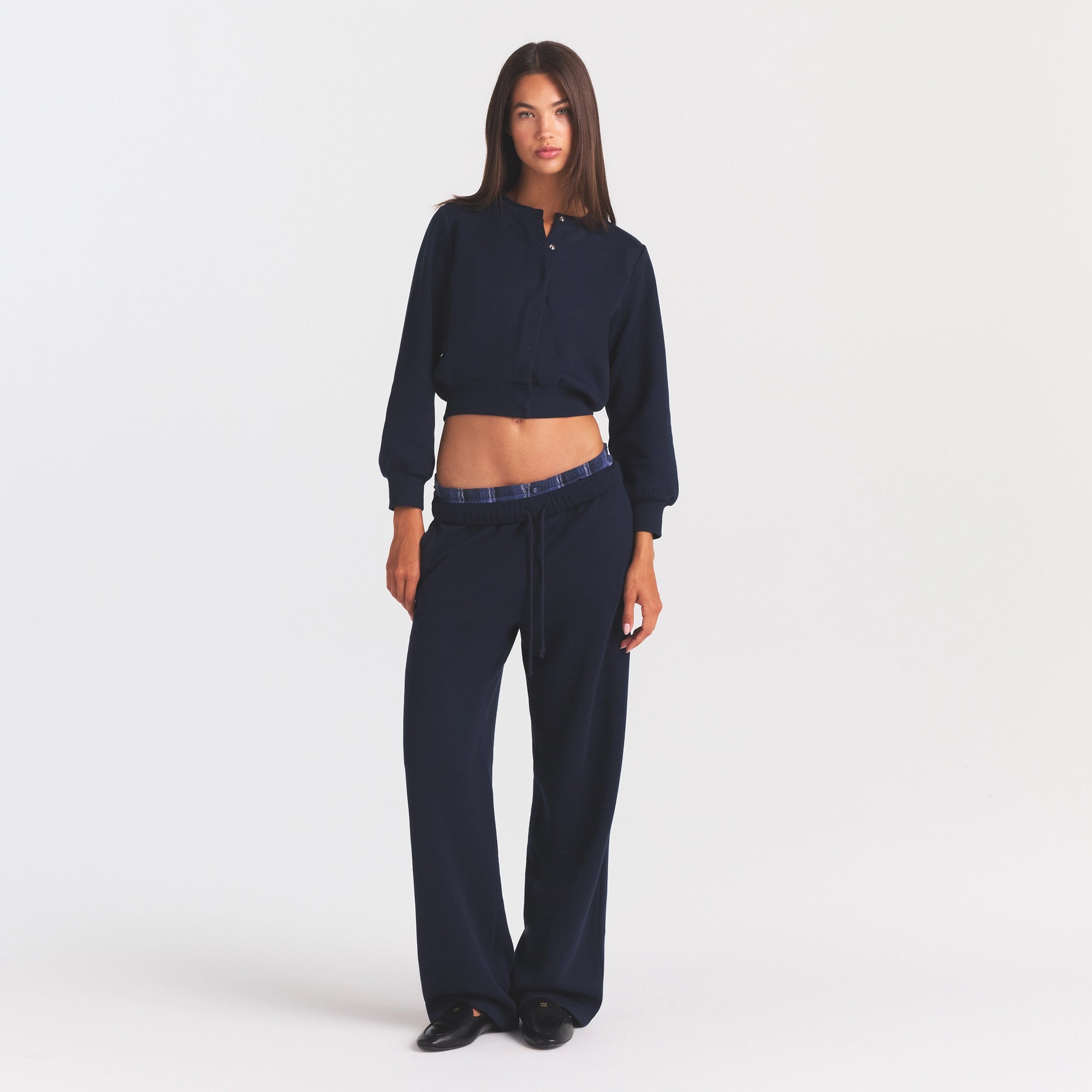 COTTON FLEECE SHRUNKEN CARDIGAN | NAVY - Image 2
