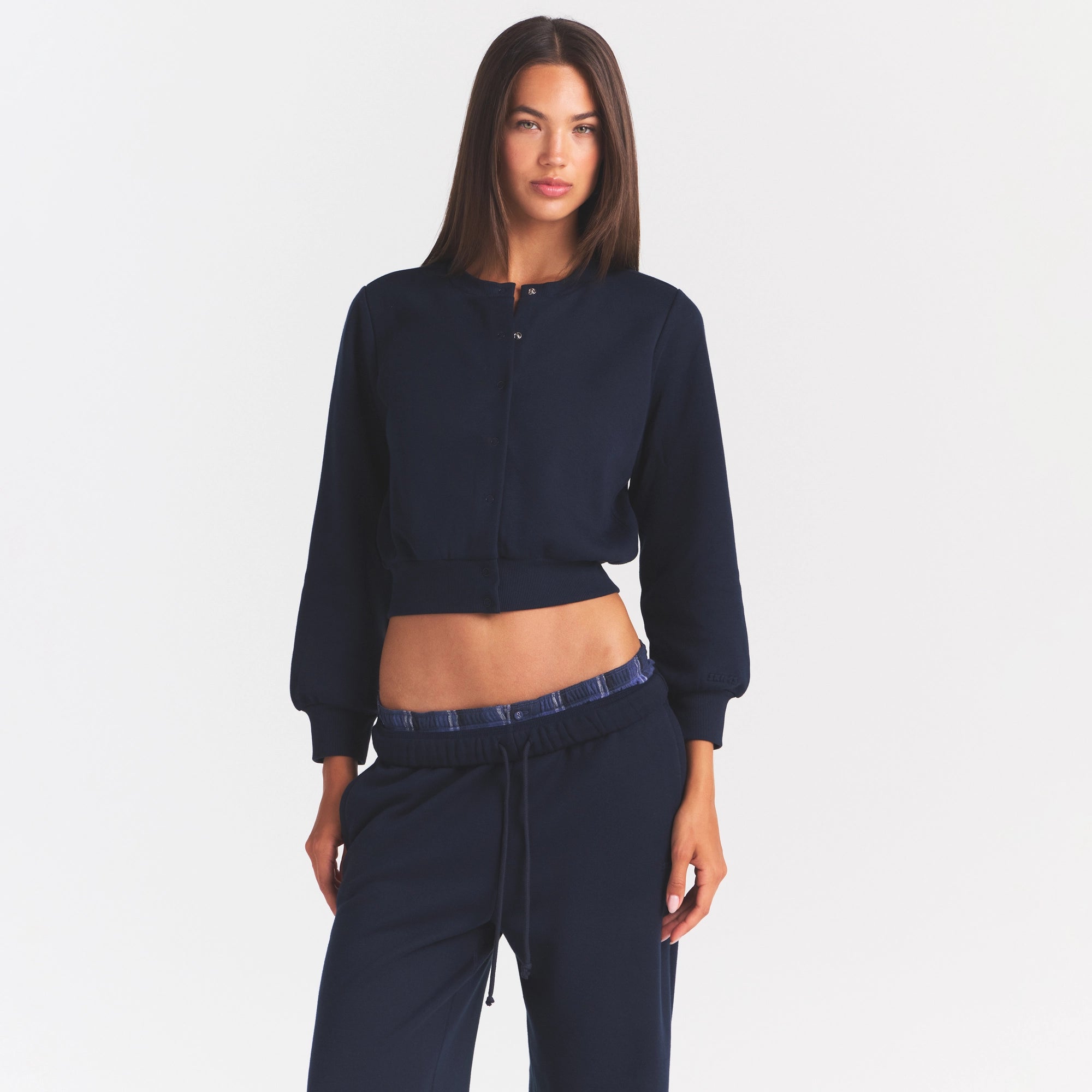 COTTON FLEECE SHRUNKEN CARDIGAN | NAVY - Image 3
