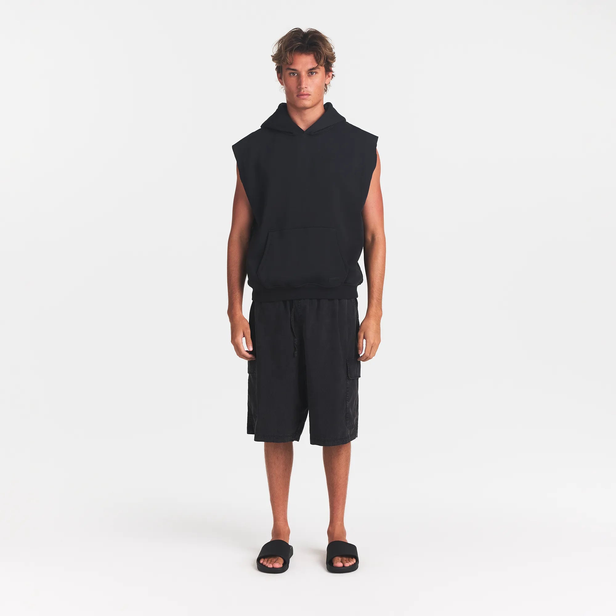 FLEECE LOUNGE MENS SLEEVELESS HOODIE | WASHED ONYX - Image 2