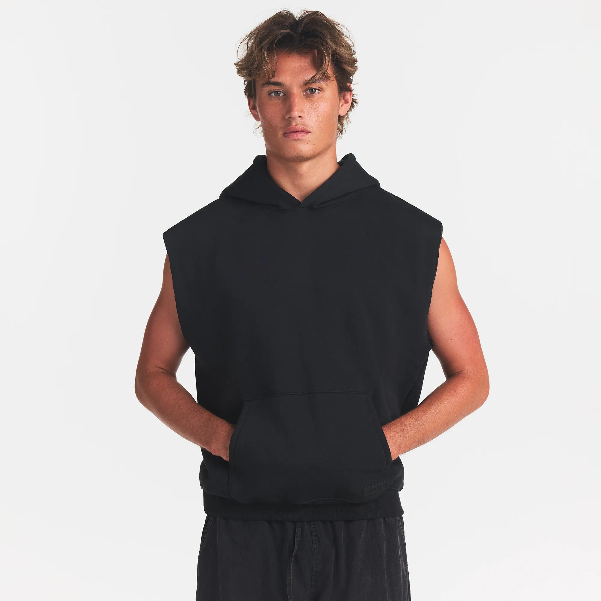 FLEECE LOUNGE MENS SLEEVELESS HOODIE | WASHED ONYX - Image 3