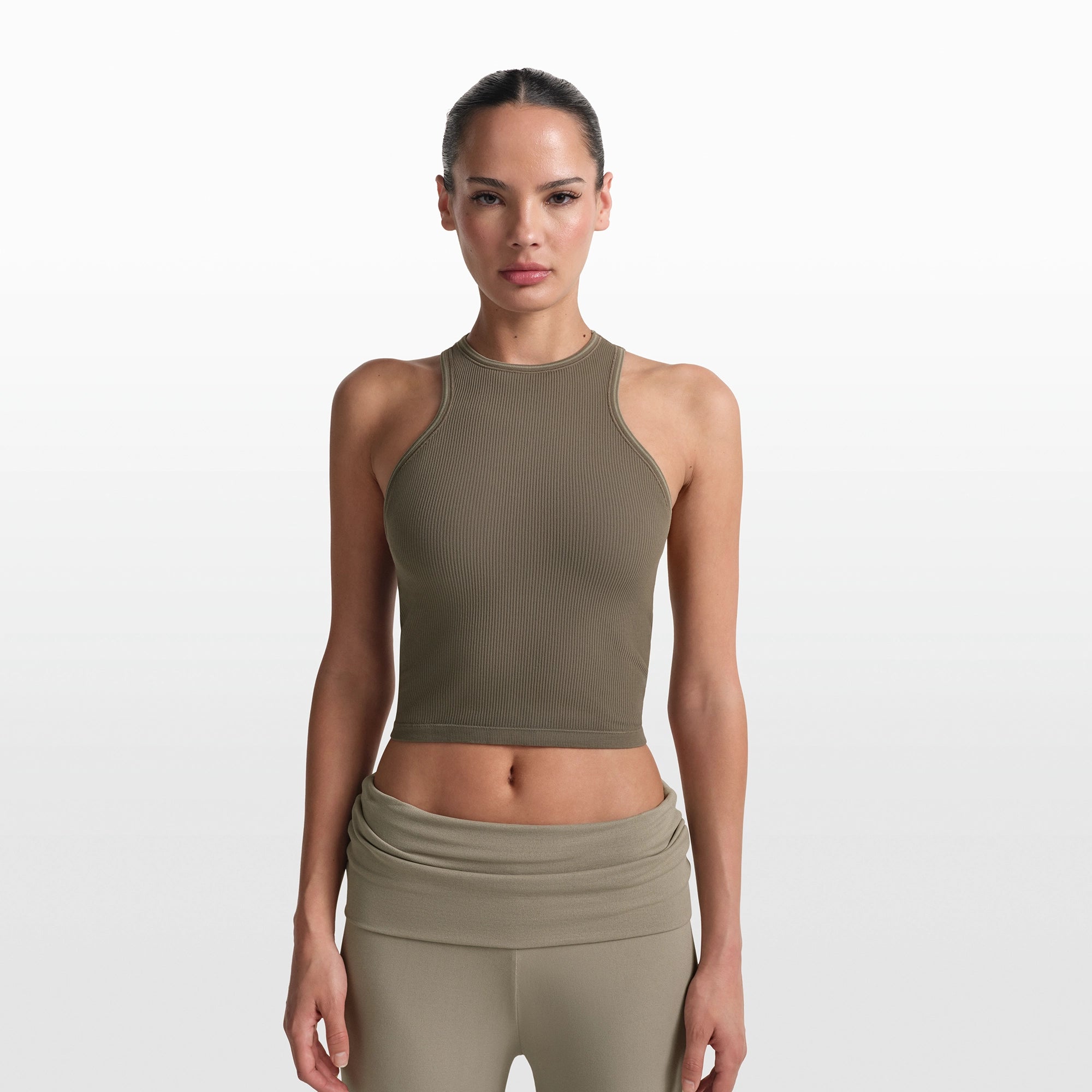 NikeSKIMS RIBBED SEAMLESS RACER FRONT TANK | DUSTY OAKMOSS - Image 3