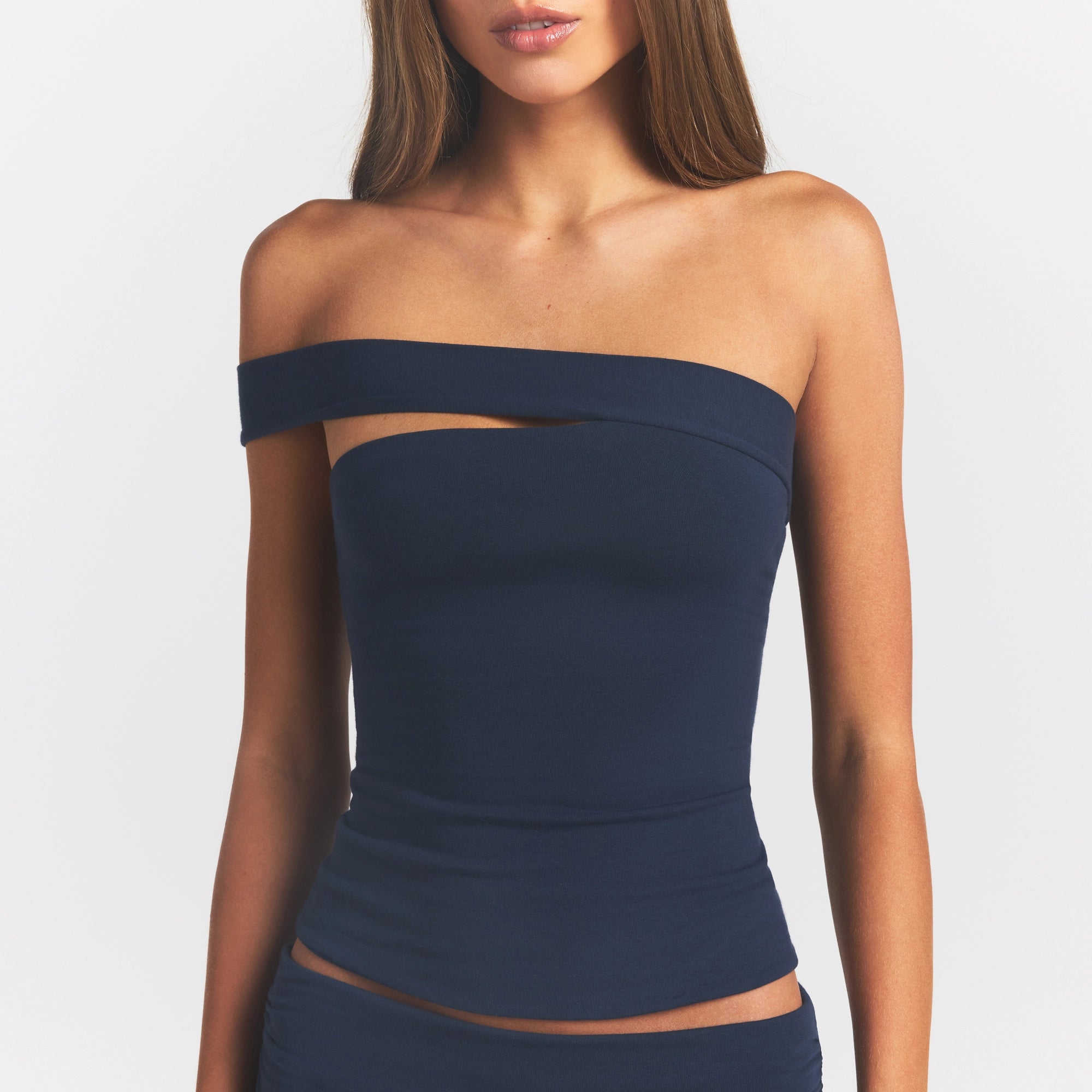 COTTON JERSEY ASYMMETRICAL TOP | NAVY - Image 3