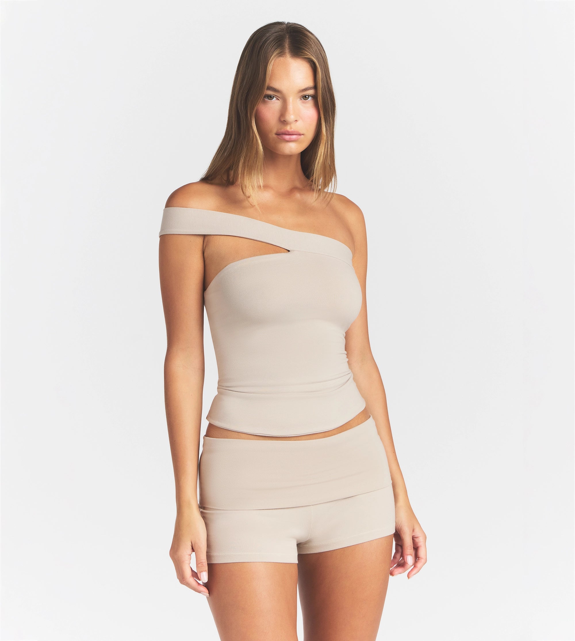 COTTON JERSEY ASYMMETRICAL TOP | STONE - Image 3