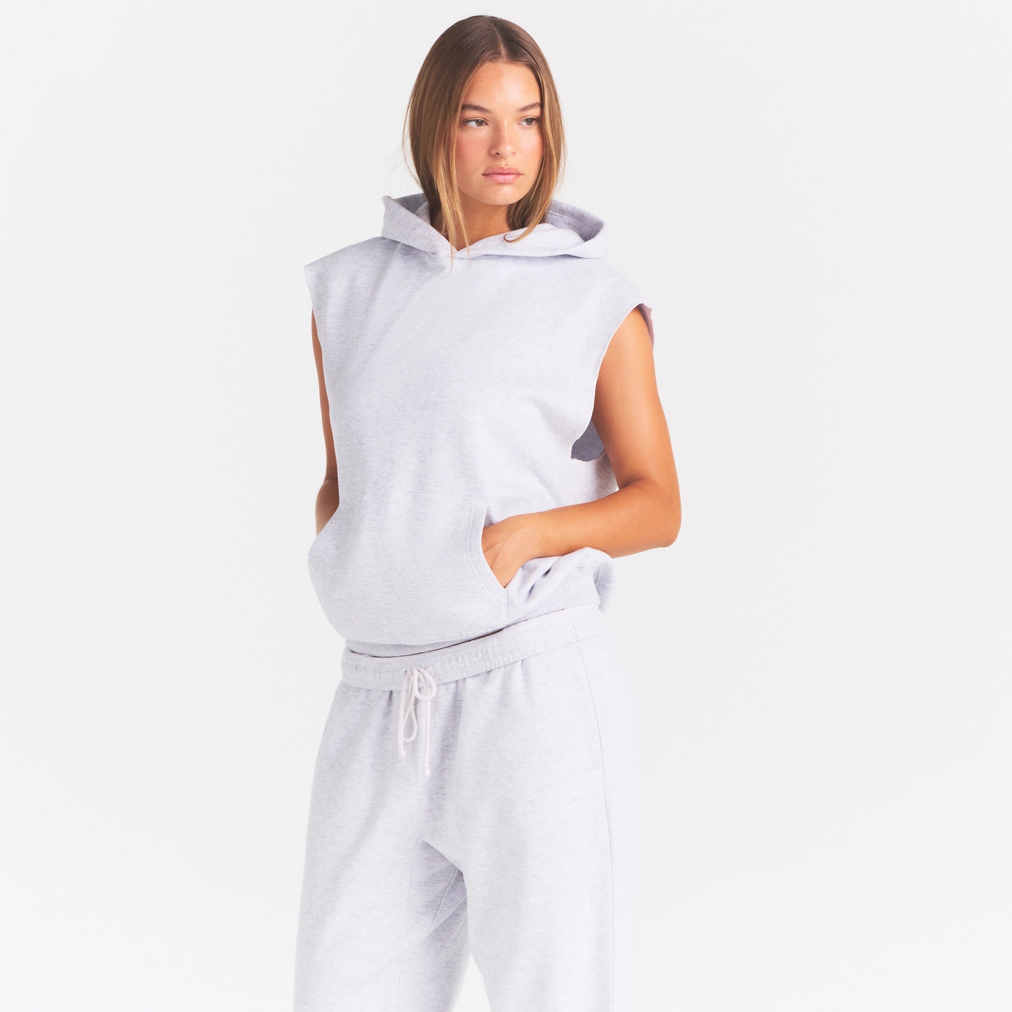 COTTON FLEECE OVERSIZED SLEEVELESS HOODIE | LIGHT HEATHER GREY - Image 3