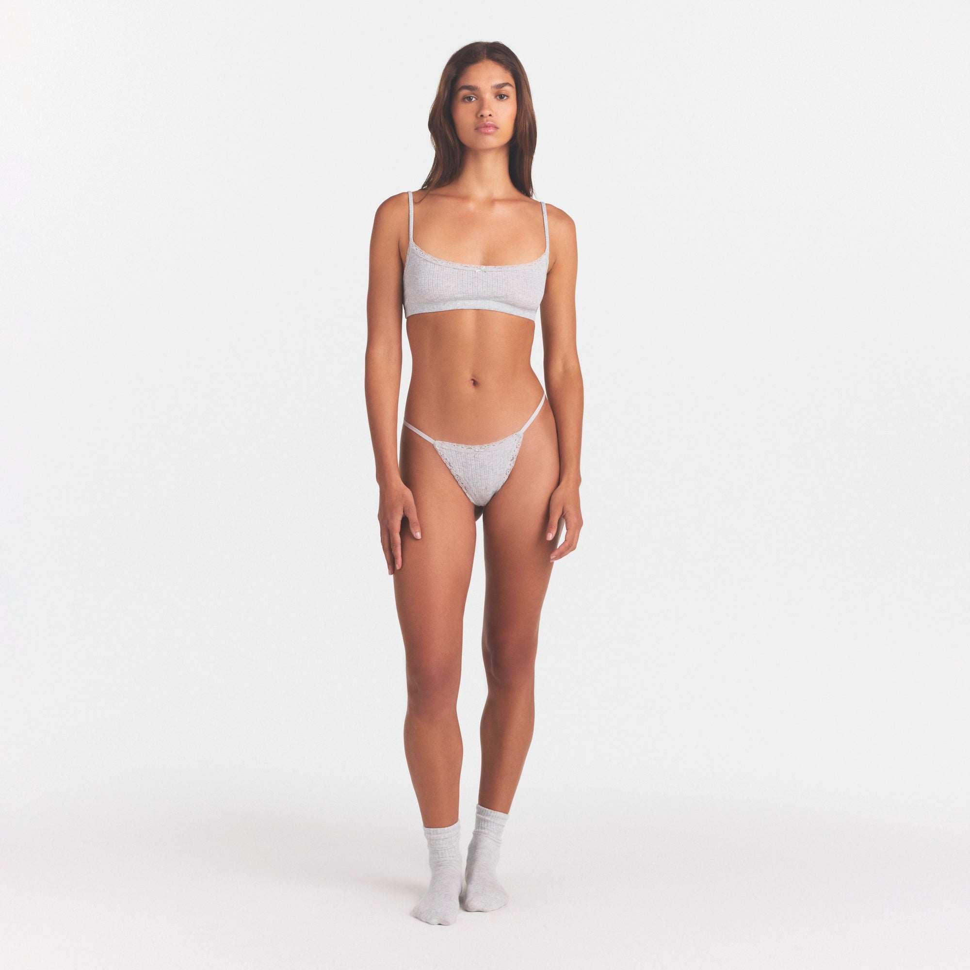 LIGHTWEIGHT COTTON POINTELLE LACE STRING THONG | LIGHT HEATHER GREY - Image 2