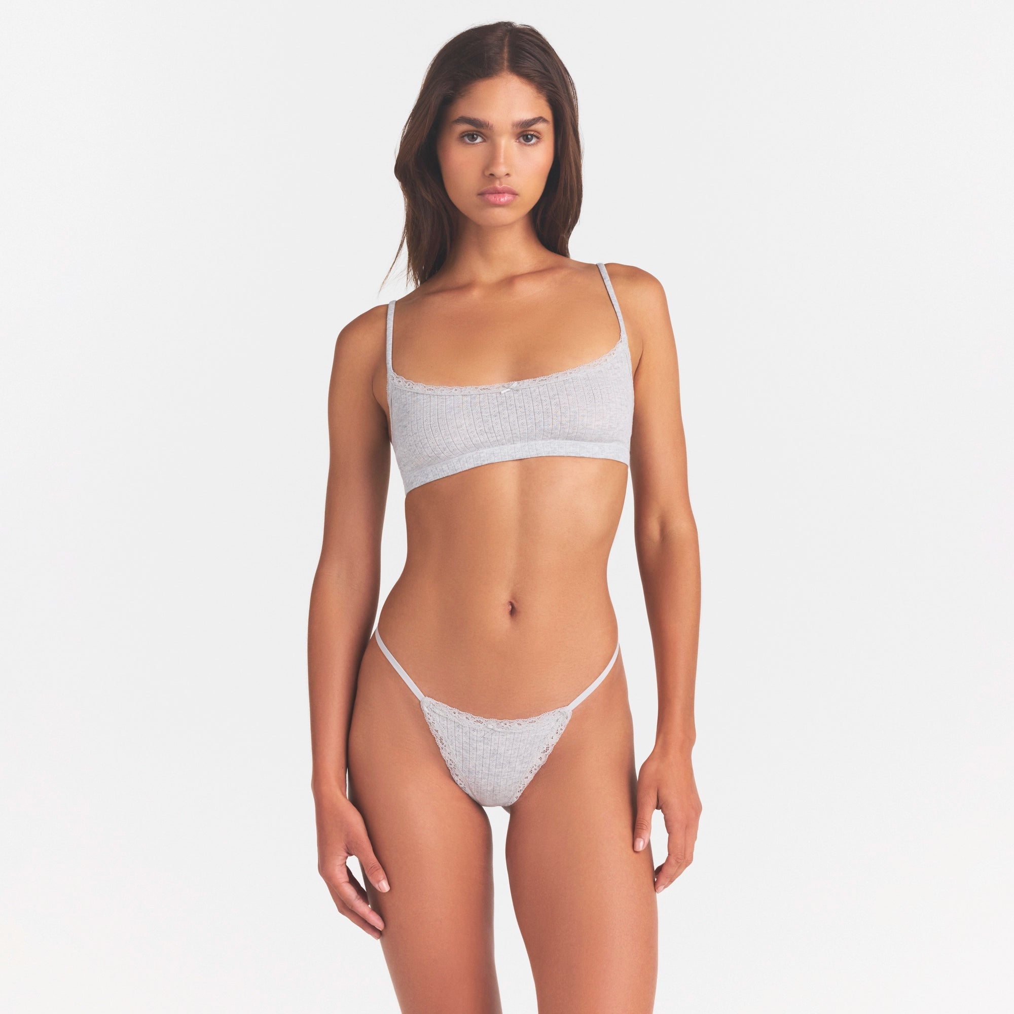 LIGHTWEIGHT COTTON POINTELLE LACE STRING THONG | LIGHT HEATHER GREY - Image 4
