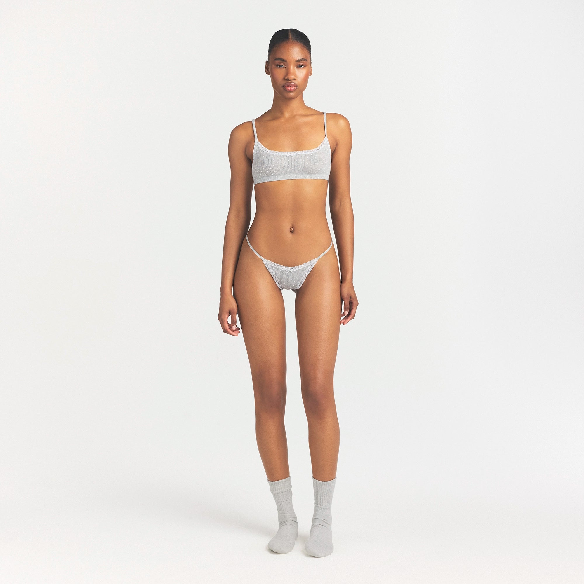LIGHTWEIGHT COTTON POINTELLE LACE STRING THONG | LIGHT HEATHER GREY PIN DOT - Image 2
