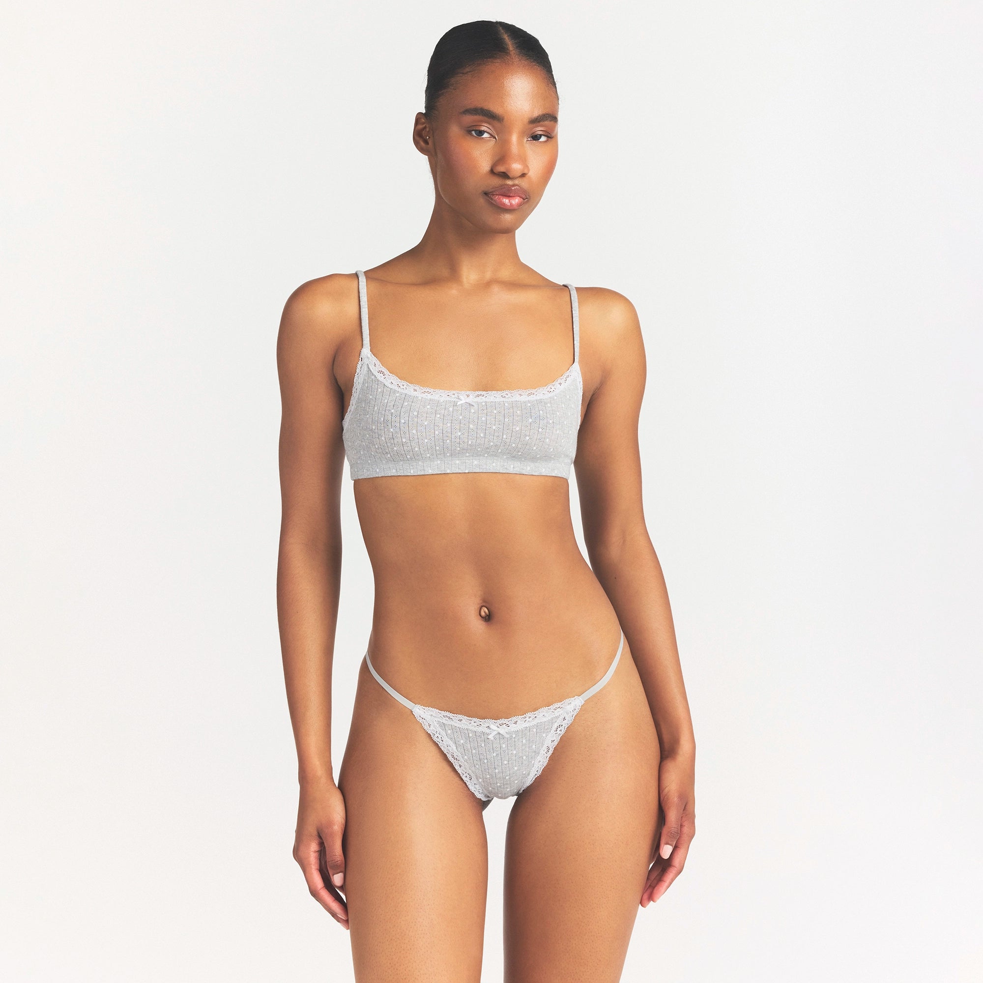 LIGHTWEIGHT COTTON POINTELLE LACE STRING THONG | LIGHT HEATHER GREY PIN DOT - Image 5