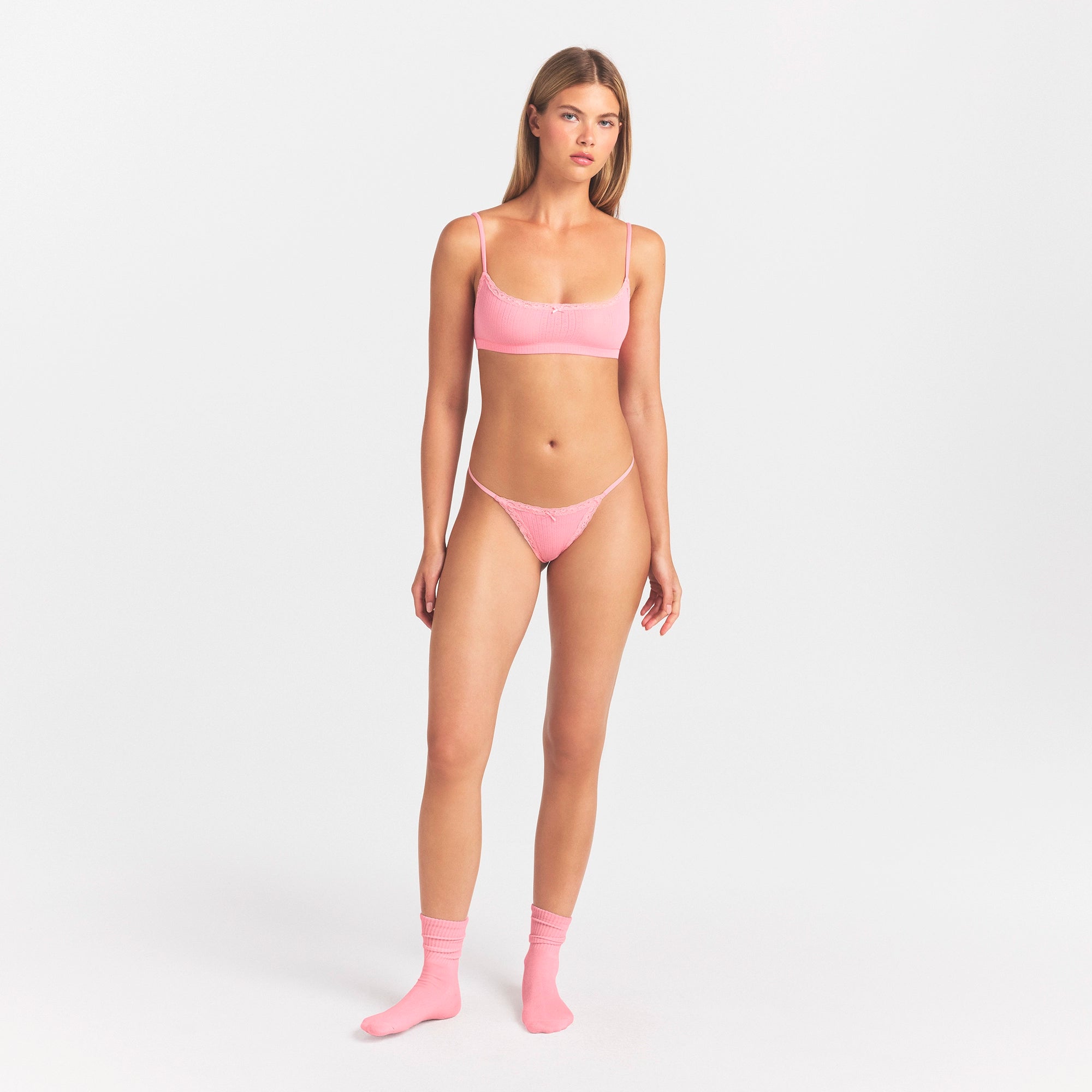 LIGHTWEIGHT COTTON POINTELLE LACE STRING THONG | MELON TONAL - Image 2