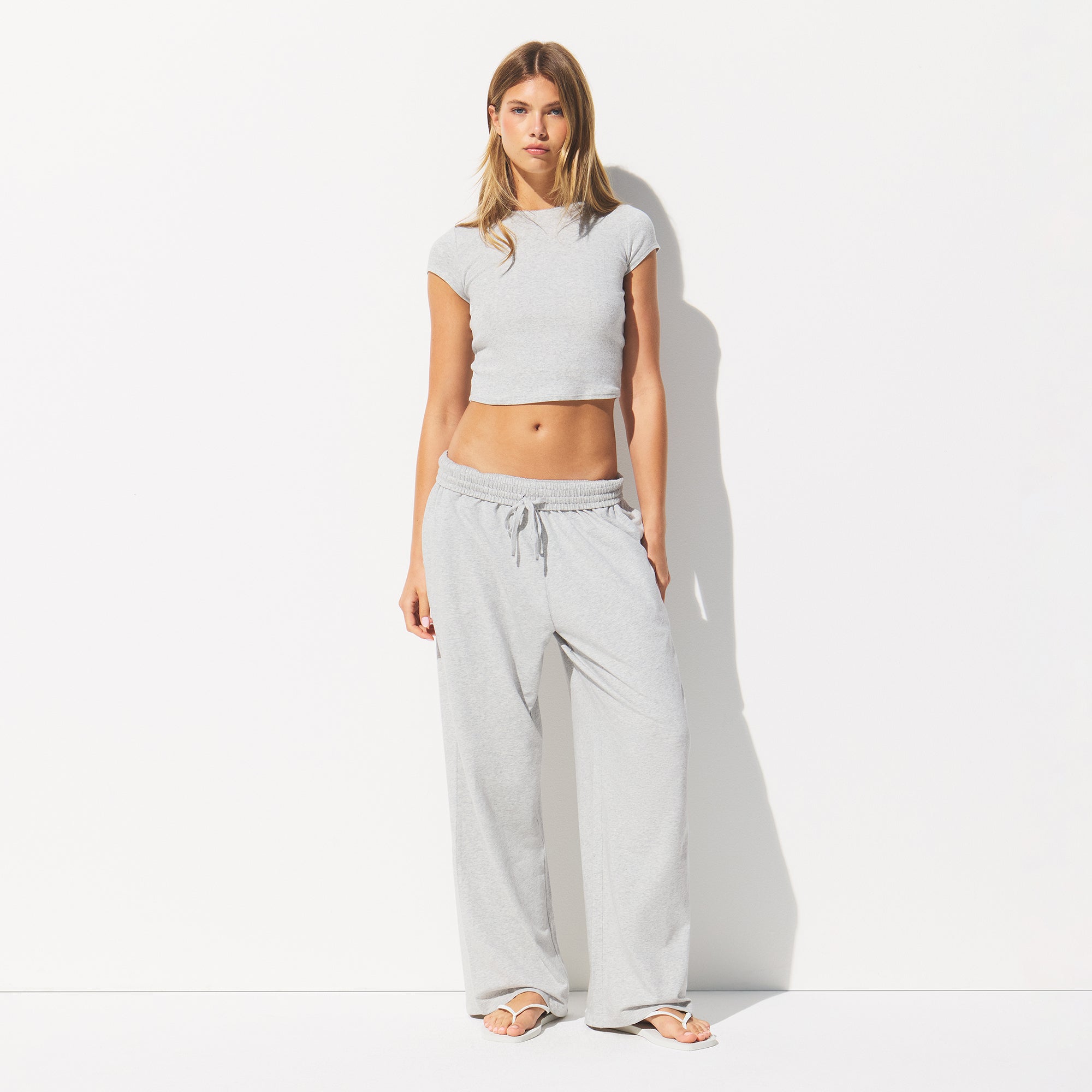 COTTON JERSEY WIDE LEG PANT | LIGHT HEATHER GREY - Image 2
