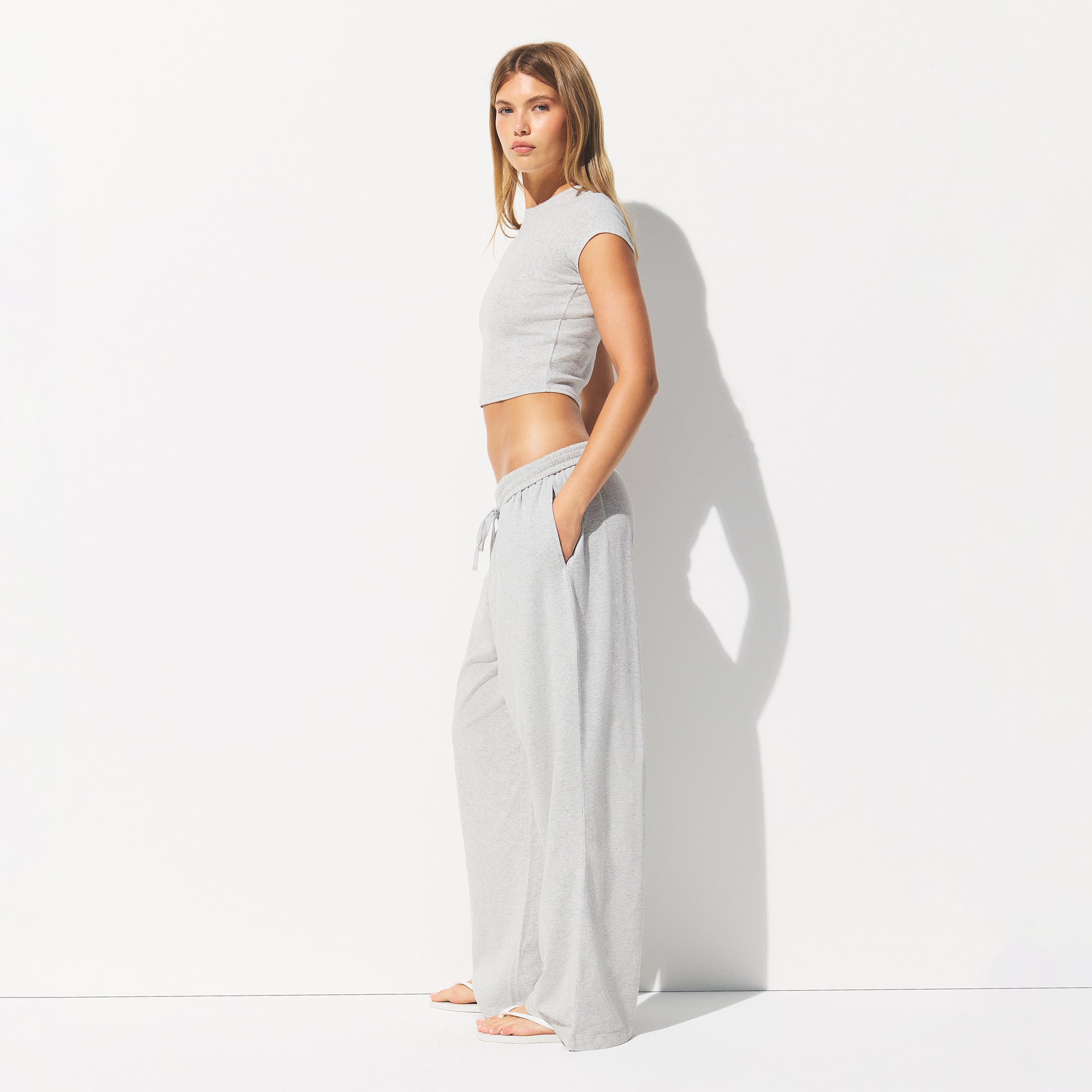 COTTON JERSEY WIDE LEG PANT | LIGHT HEATHER GREY - Image 3