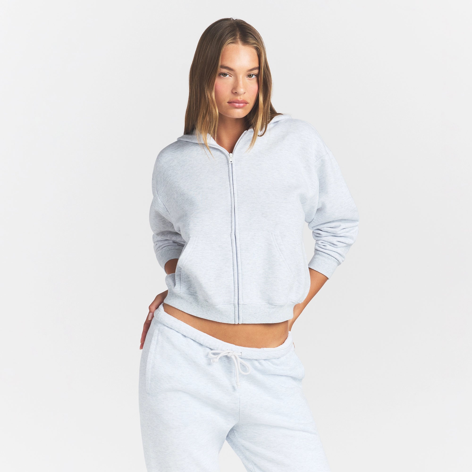 COTTON FLEECE CLASSIC ZIP UP HOODIE | LIGHT HEATHER GREY - Image 3